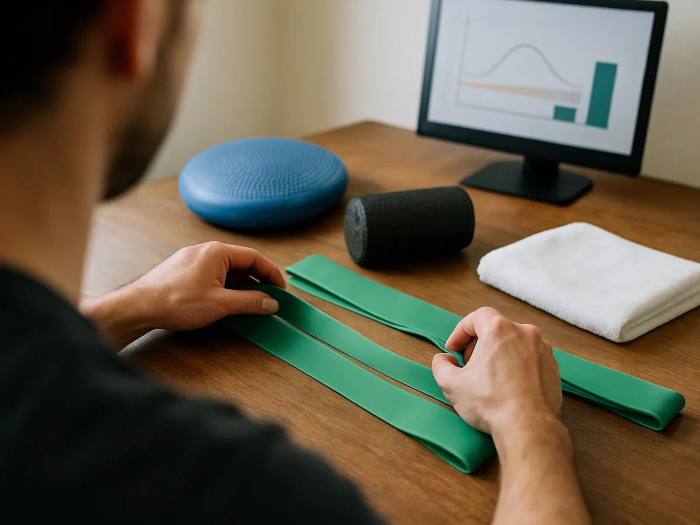 A person stretches green resistance bands on a wooden desk beside exercise tools and a monitor with a chart