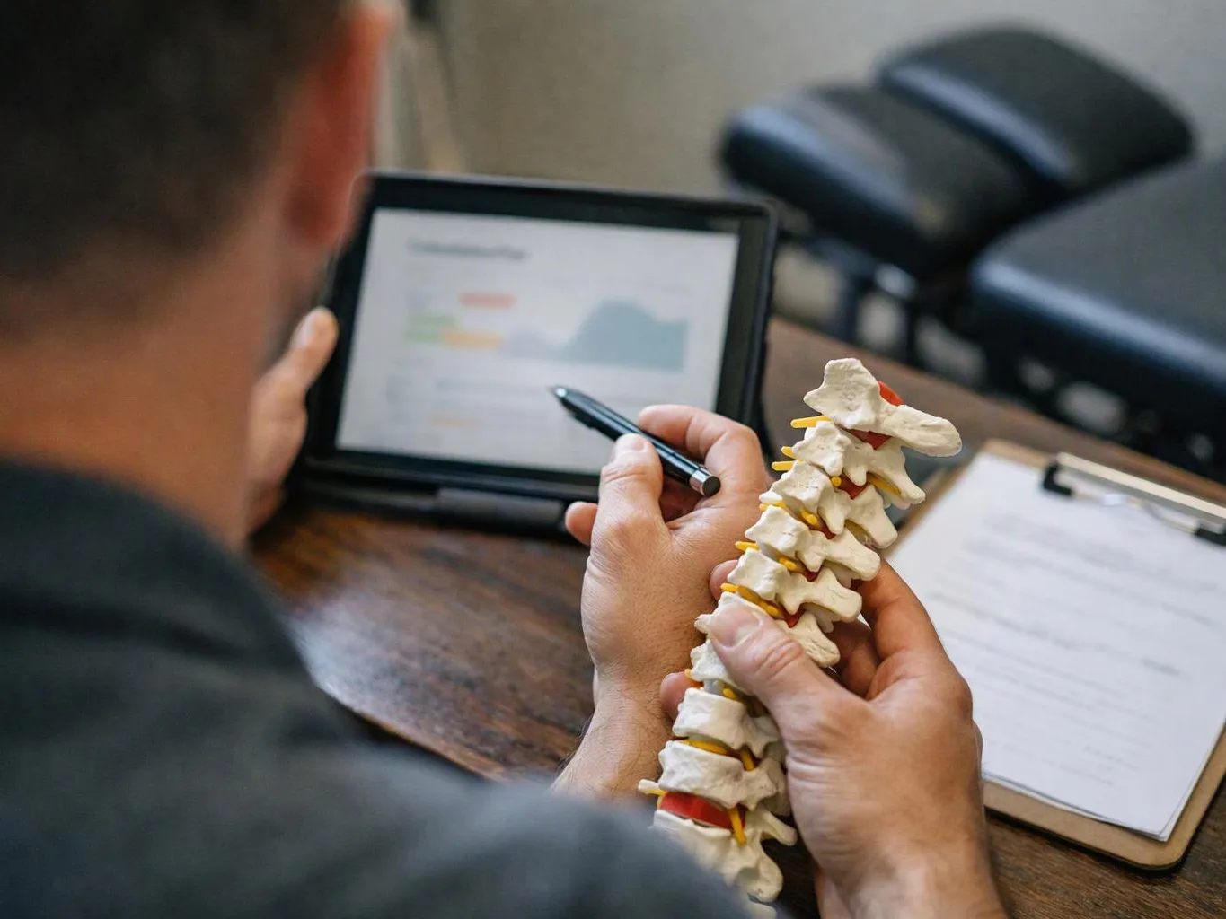A person studies a spine model while pointing at a tablet and notes on a desk