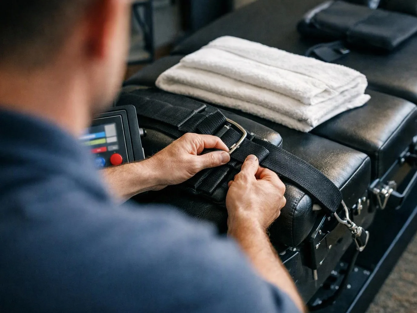 A person tightens a black strap on a padded treatment table beside folded white towels and a control panel