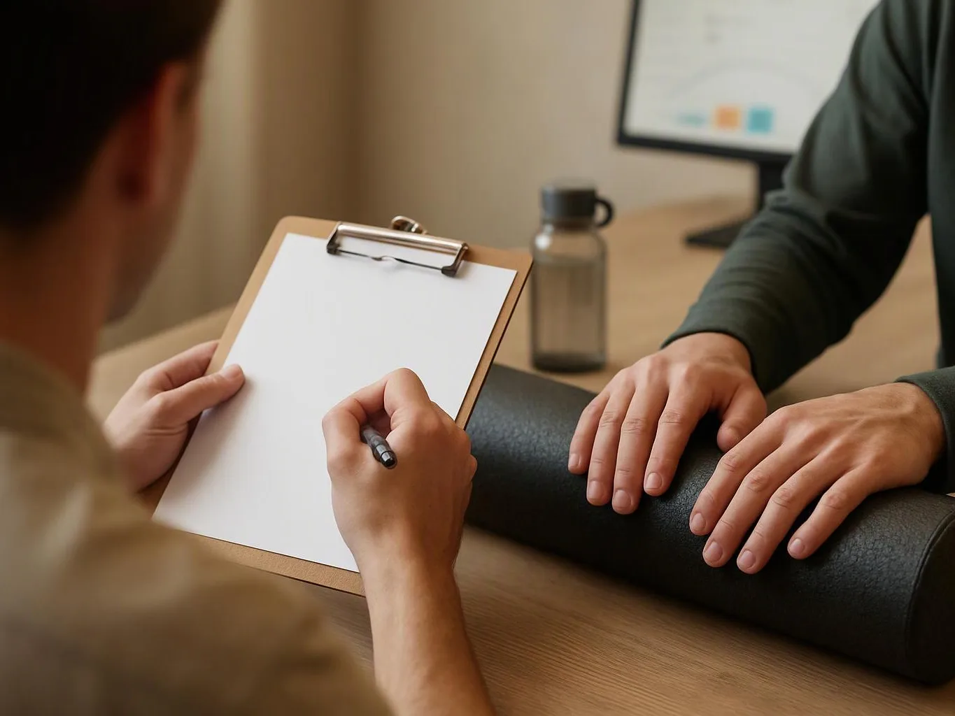 A person writes on a clipboard while another rests both hands on a black cushion across a desk