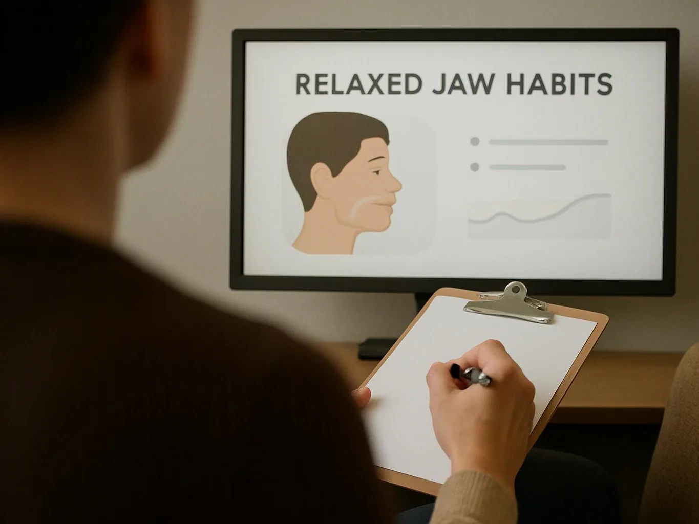 A person writes on a clipboard while a monitor shows a jaw relaxation diagram and the words “RELAXED JAW HABITS”