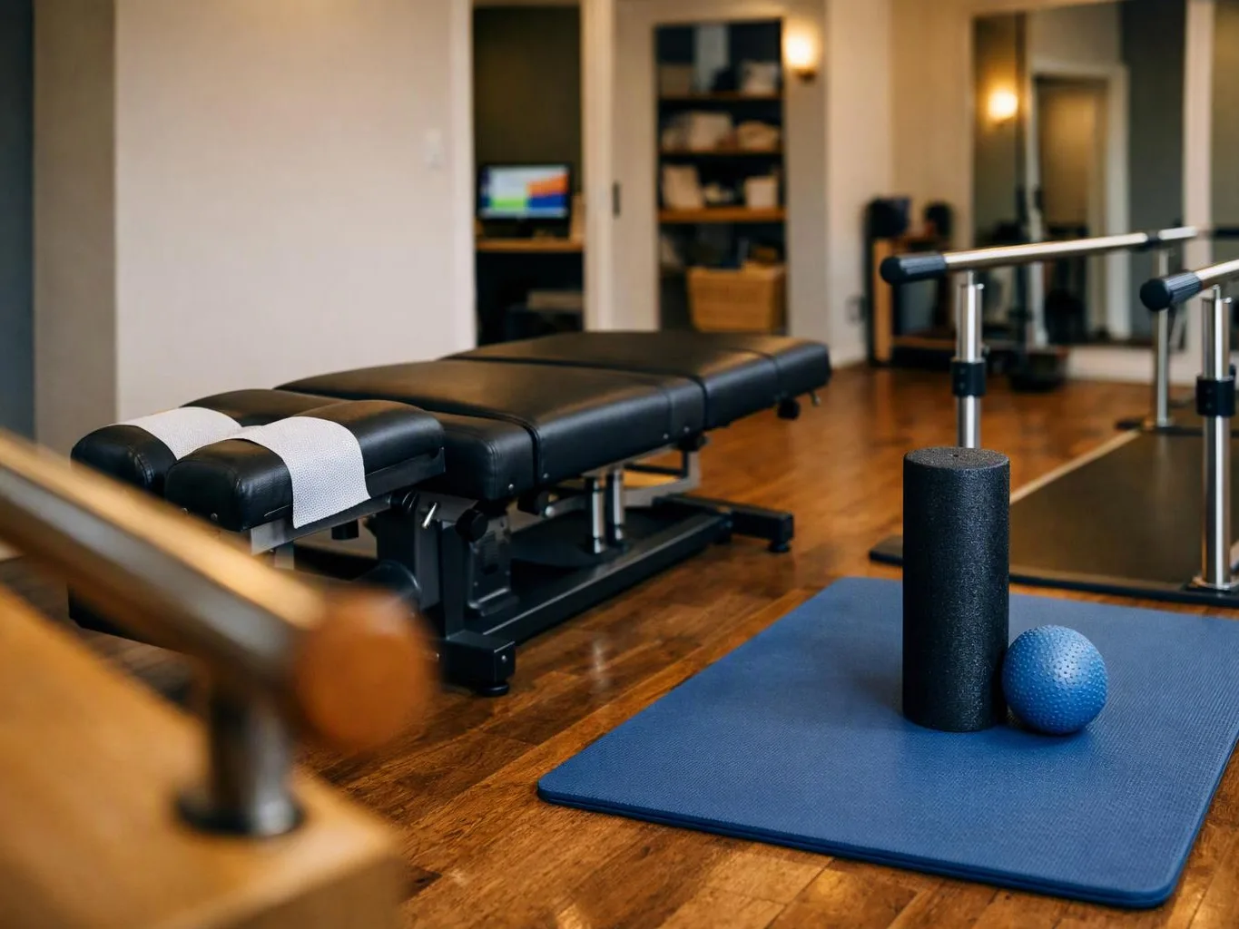 A physical therapy room shows a padded treatment table, exercise mat, foam roller, and blue massage ball on a wooden floor