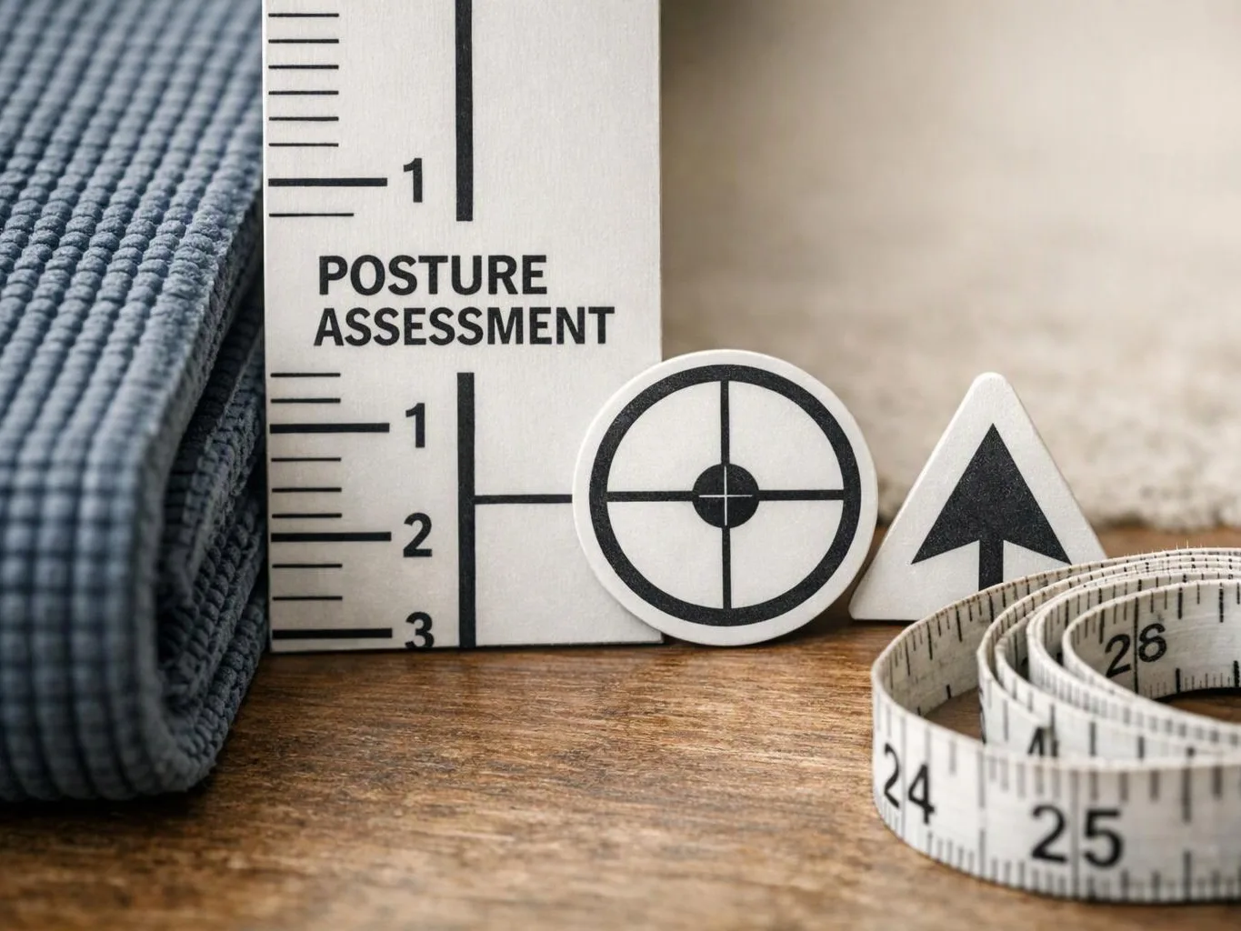 A posture assessment board, target icon, arrow marker, and measuring tape sit on a wooden table beside folded fabric