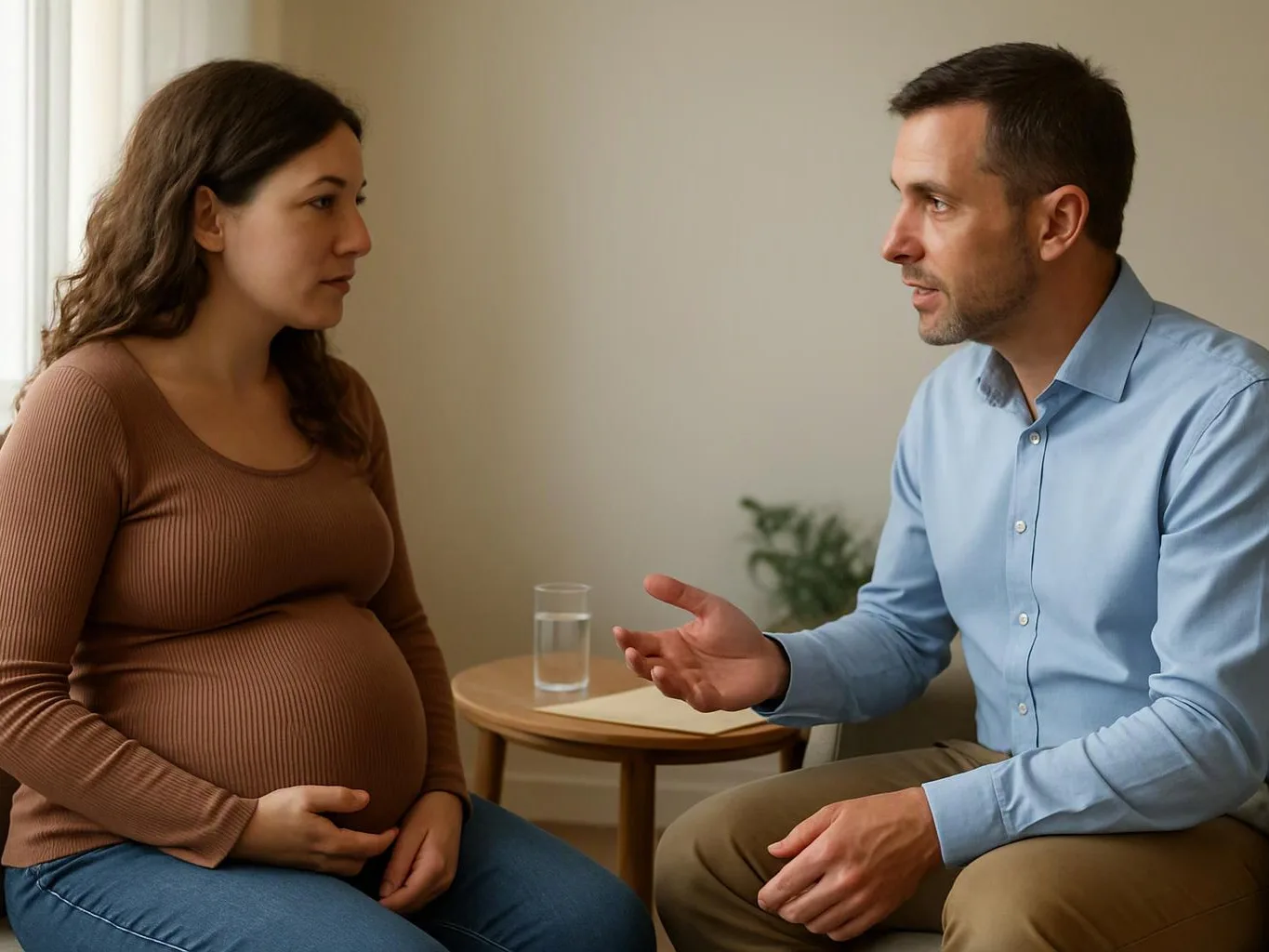 A pregnant woman sits facing a man who gestures during a calm conversation in a simple room