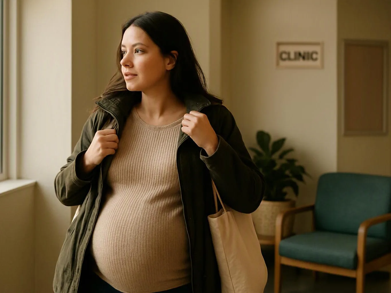 Pregnant woman stands in a clinic waiting room, holding her jacket and tote bag while looking left