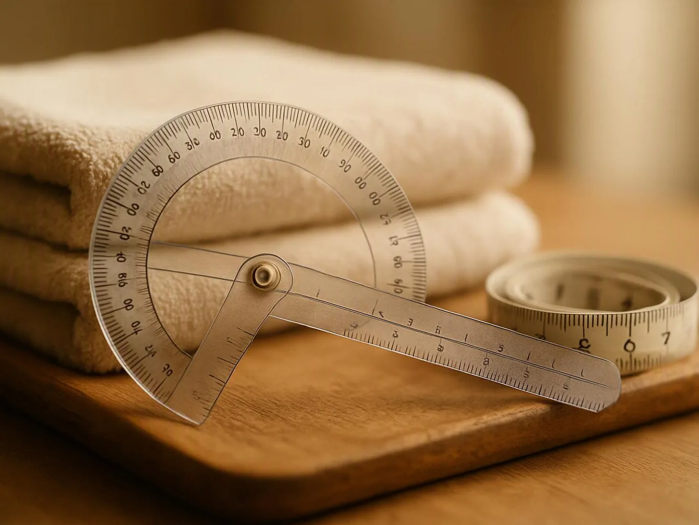 A protractor and ruler rest beside folded towels and a rolled tape on a wooden board