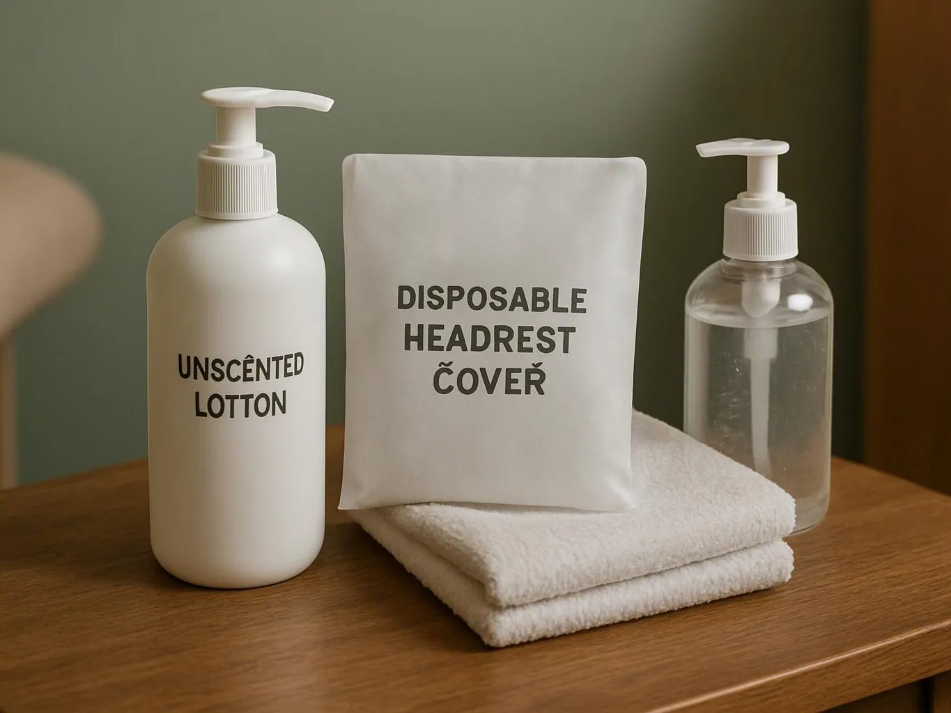 Pump bottles, towels, and a disposable headrest cover sit on a wooden table against a muted wall