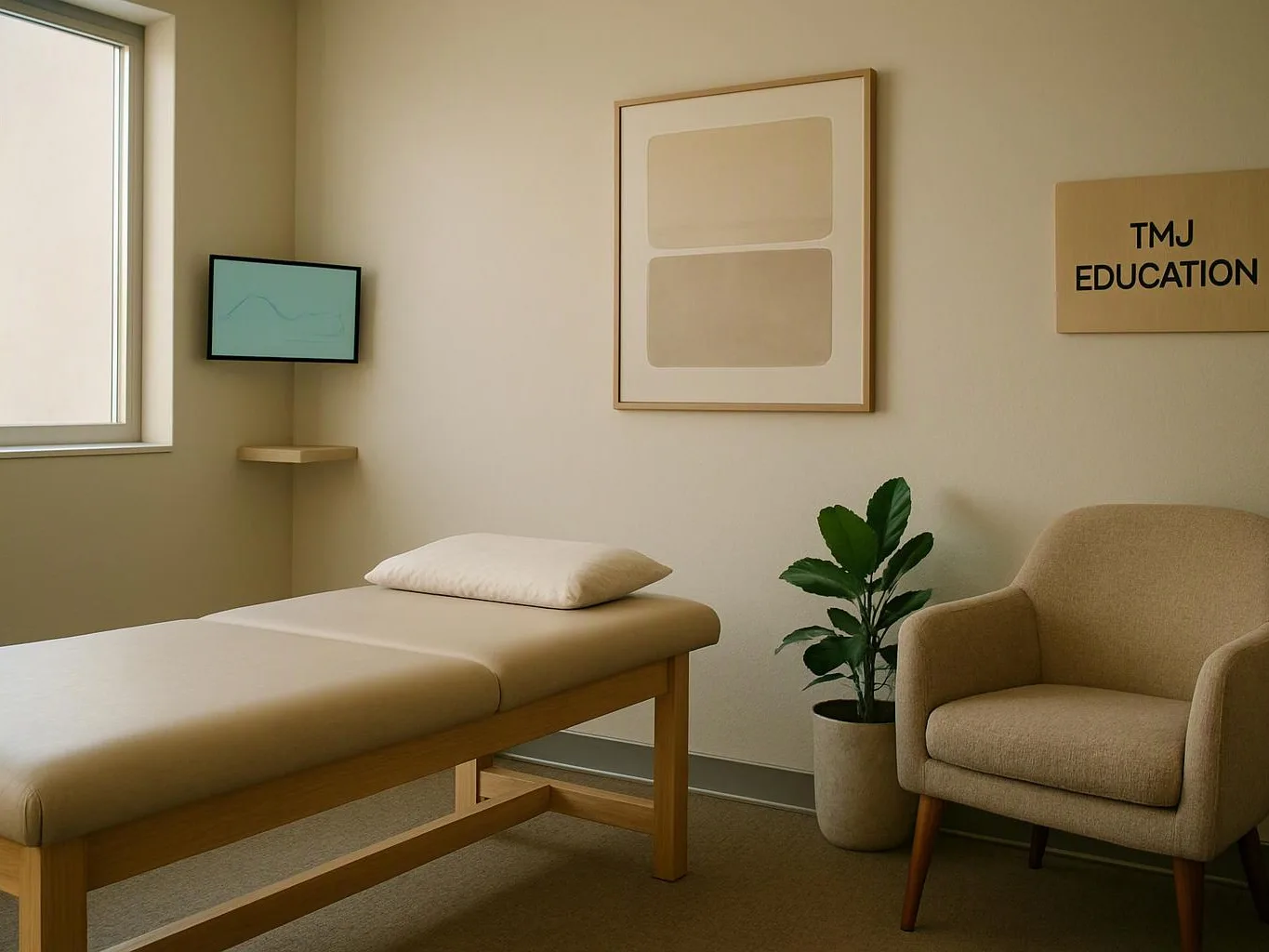 A quiet beige therapy room shows a treatment table, armchair, potted plant, wall art, and a screen with a simple line graph