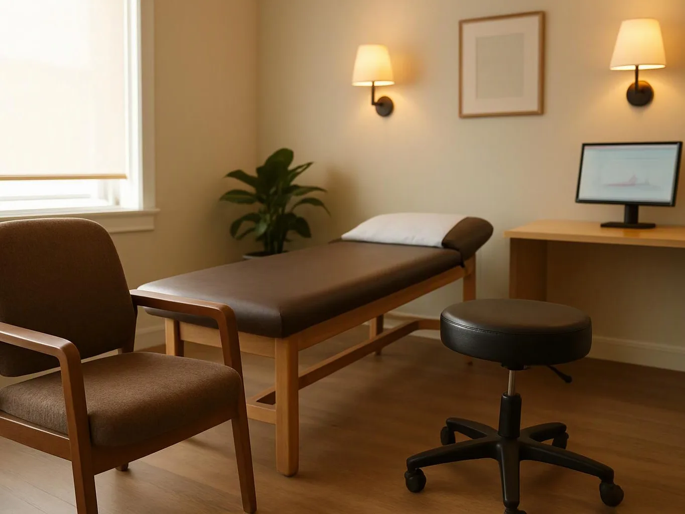 A quiet exam room has a treatment table, chair, desk with monitor, and warm wall lamps