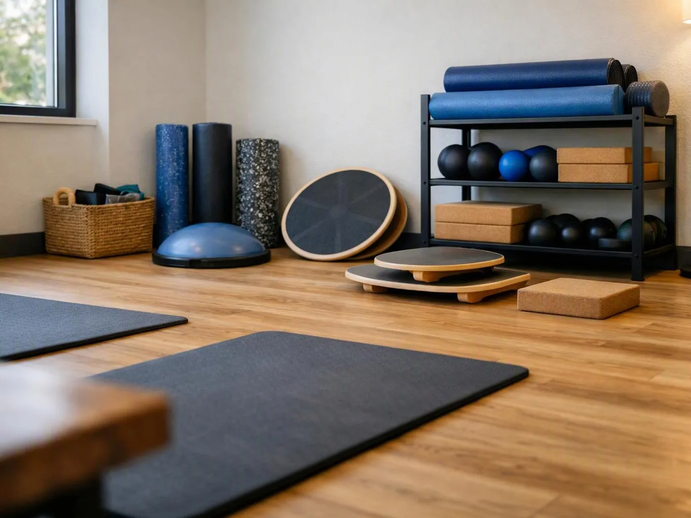 A quiet exercise studio shows yoga mats, foam rollers, balance trainers, and stacked props on wooden floors