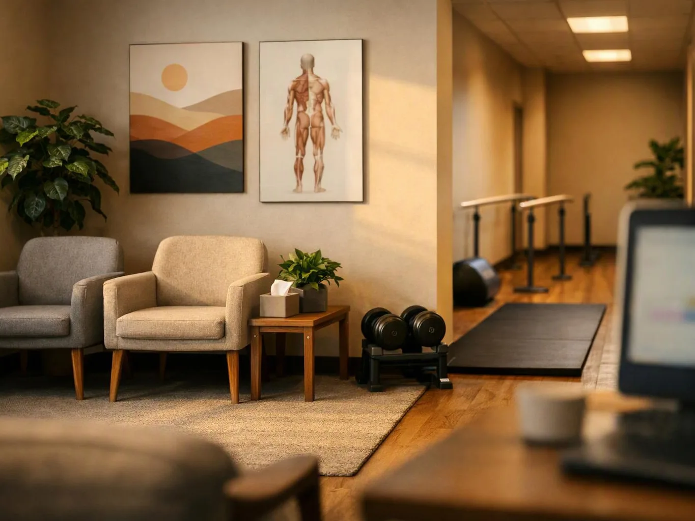 A quiet fitness lobby has chairs, framed art, plants, dumbbells, and a hallway with exercise rails