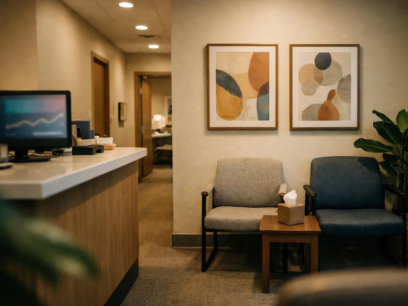 A quiet office waiting area shows two chairs, a small table, framed abstract art, and a reception counter