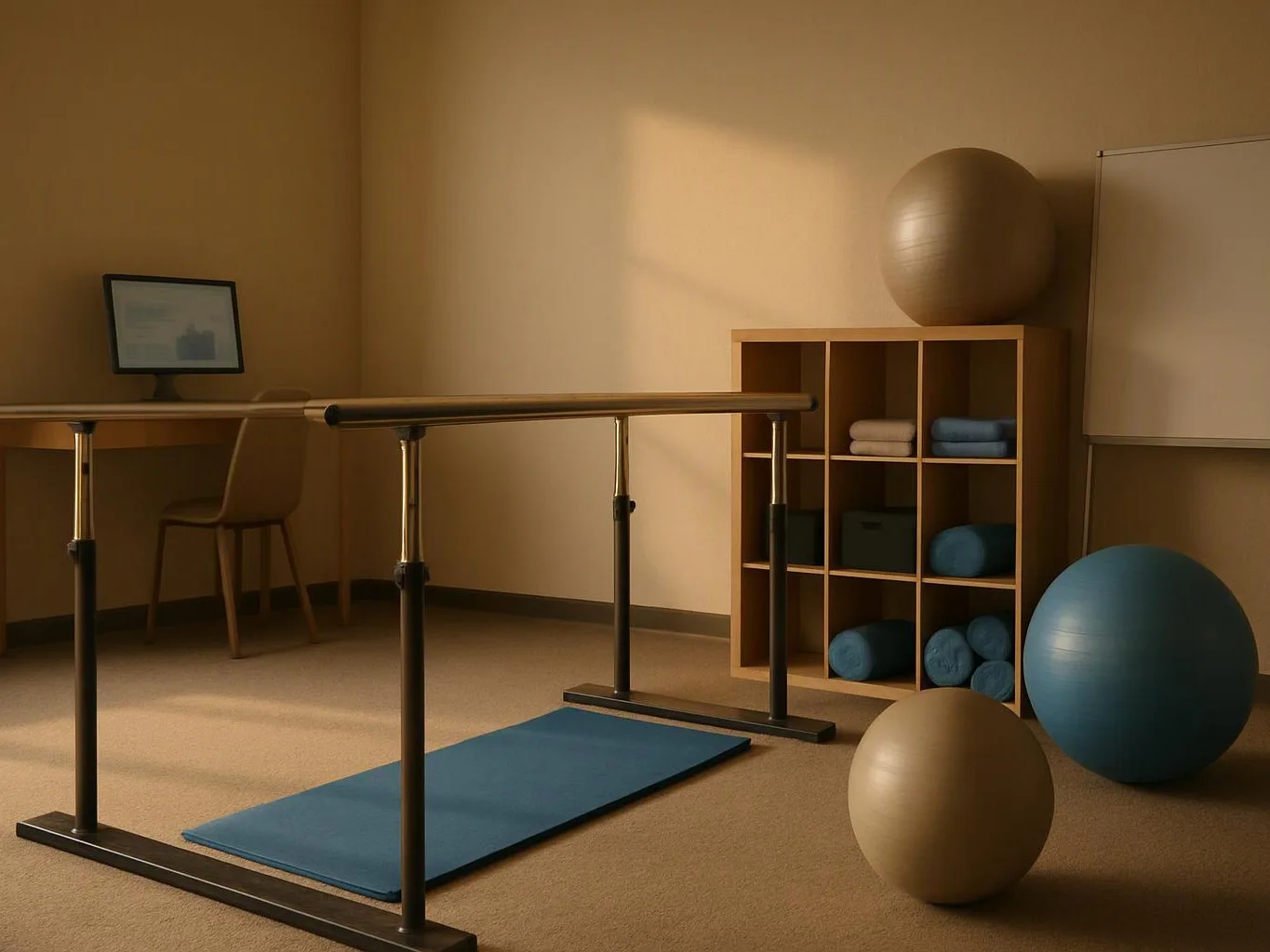 A quiet therapy room shows a chair, desk, exercise bars, mats, shelves, and large workout balls