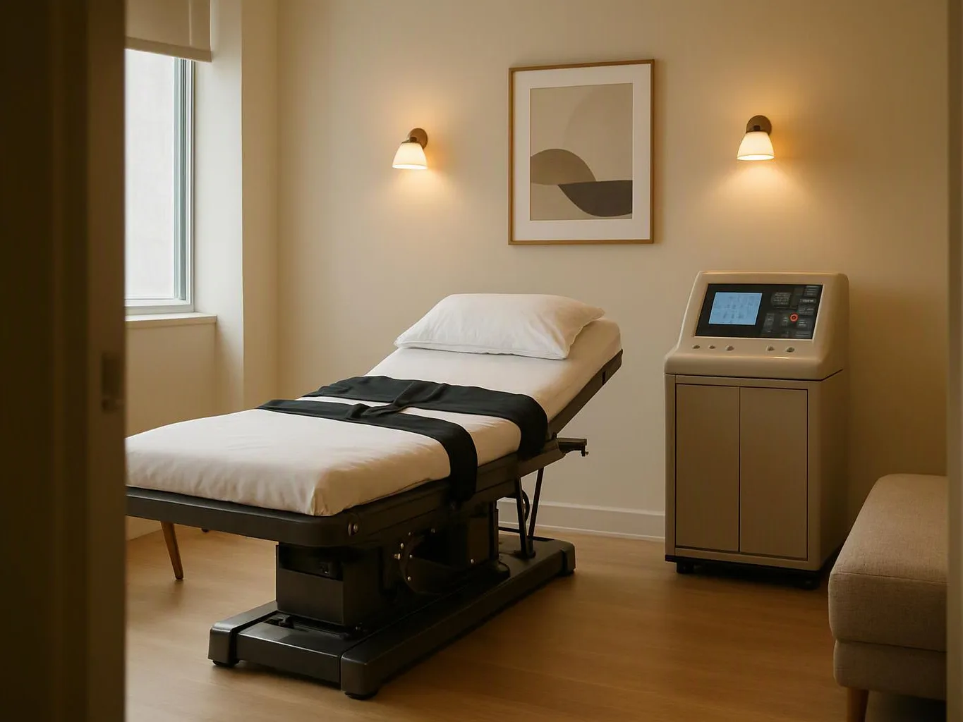 A quiet treatment room shows an adjustable bed, wall lights, a framed print, and a control machine by the wall