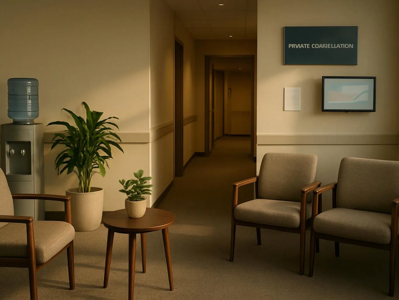 A quiet waiting area shows beige chairs, potted plants, a water cooler, and a hallway under warm light