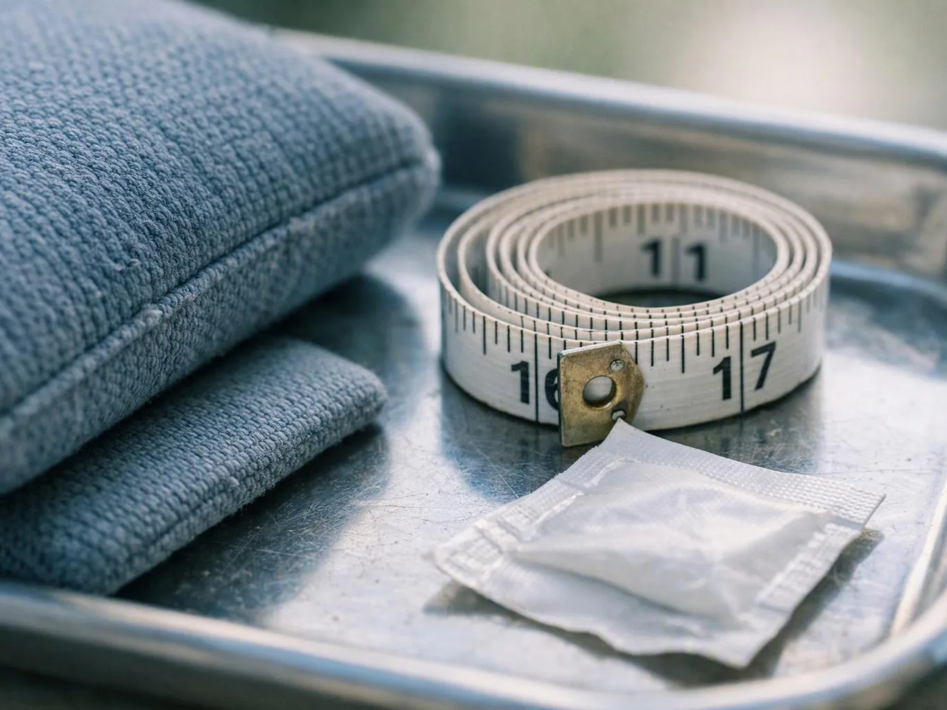 A rolled measuring tape and folded cloths sit on a metal tray beside a small packet