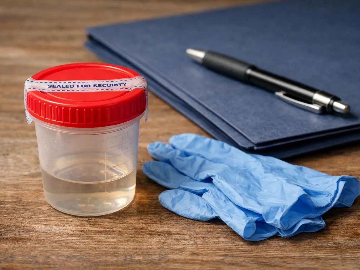 A sealed urine sample cup sits beside blue gloves, a pen, and a folder on a wooden table