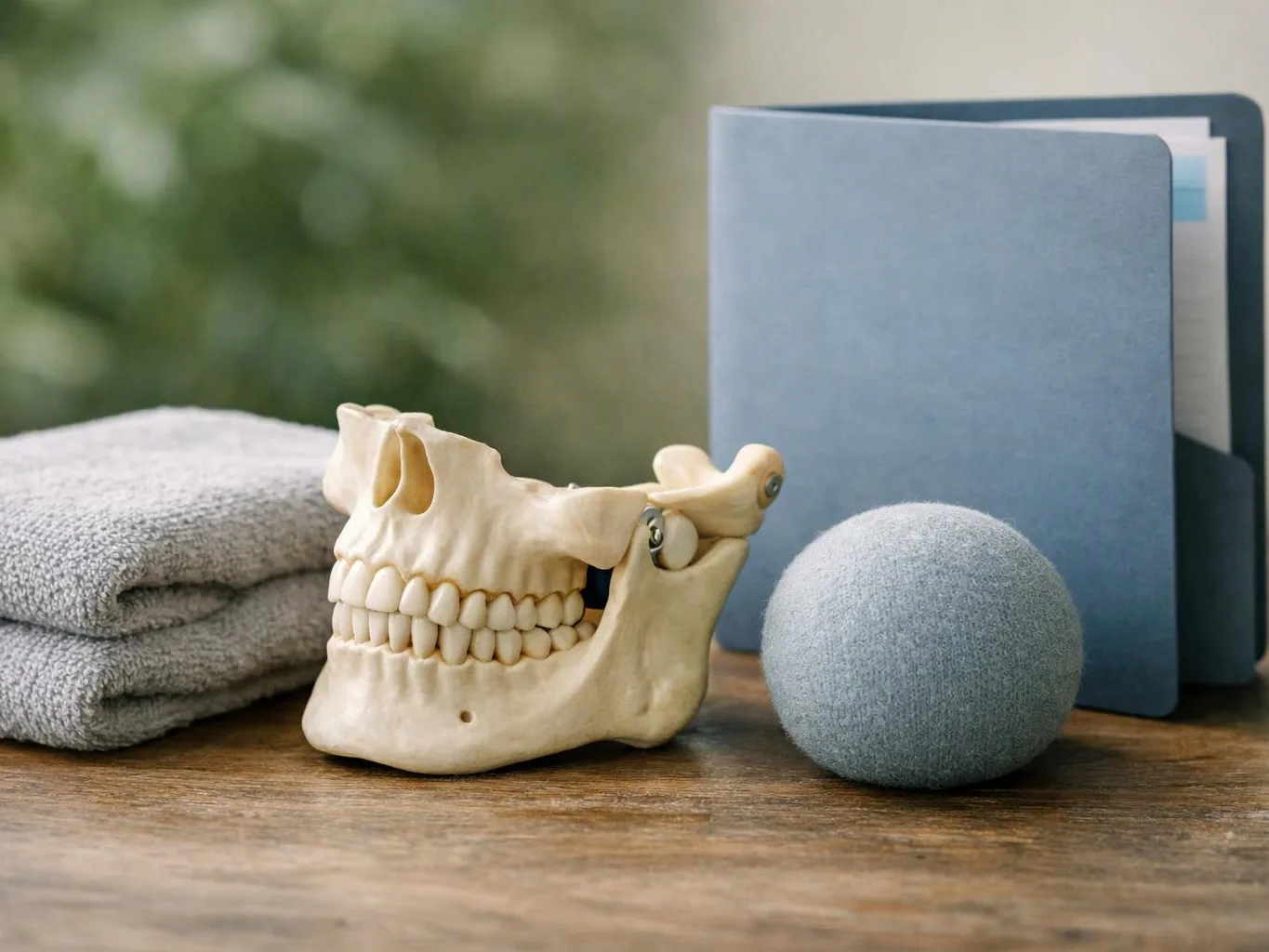 A skull model sits beside folded towels, a gray ball, and a blue book on a wooden table