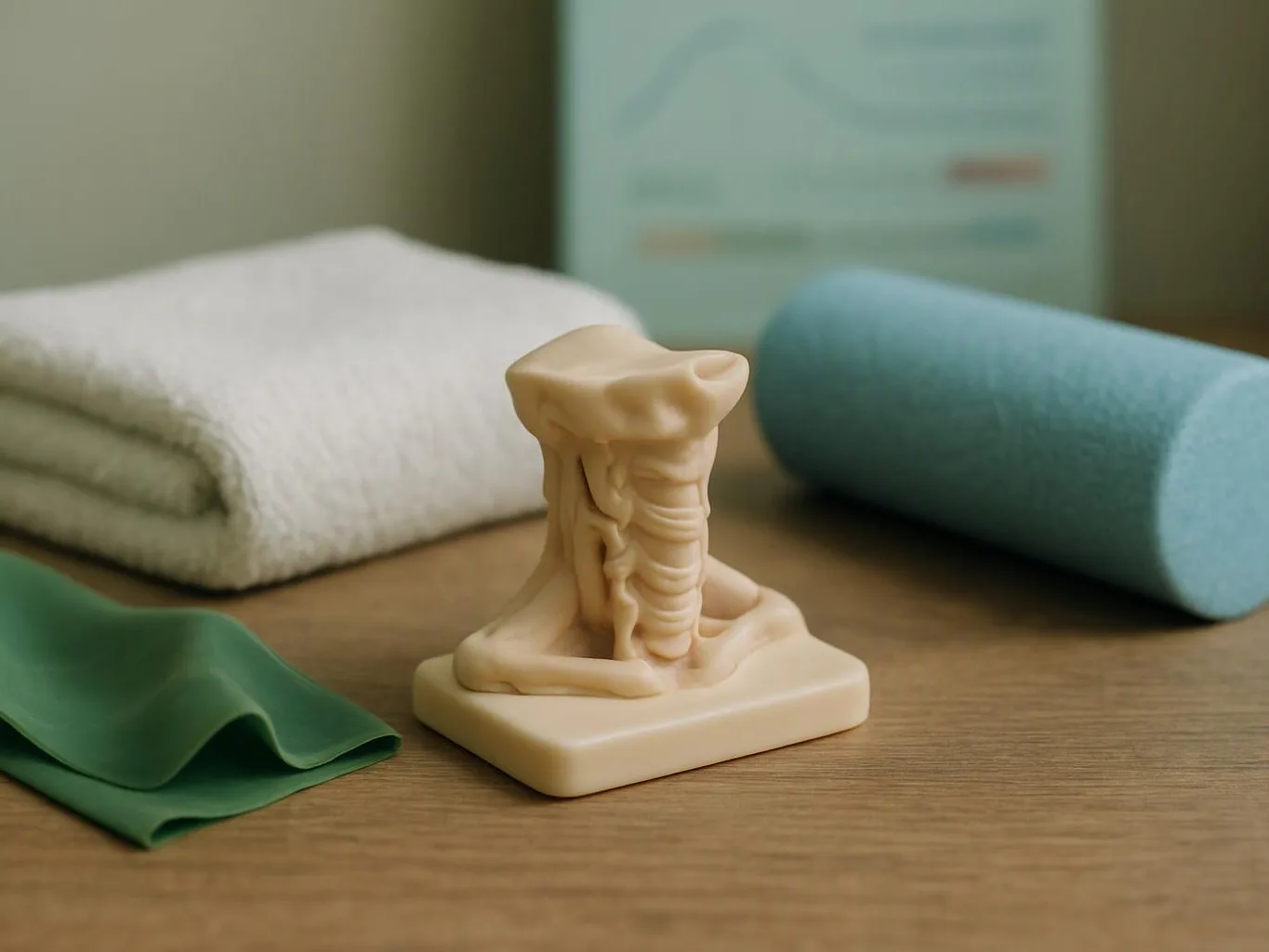 A small beige anatomy model sits on a table beside folded towels, a blue foam roller, and a green resistance band