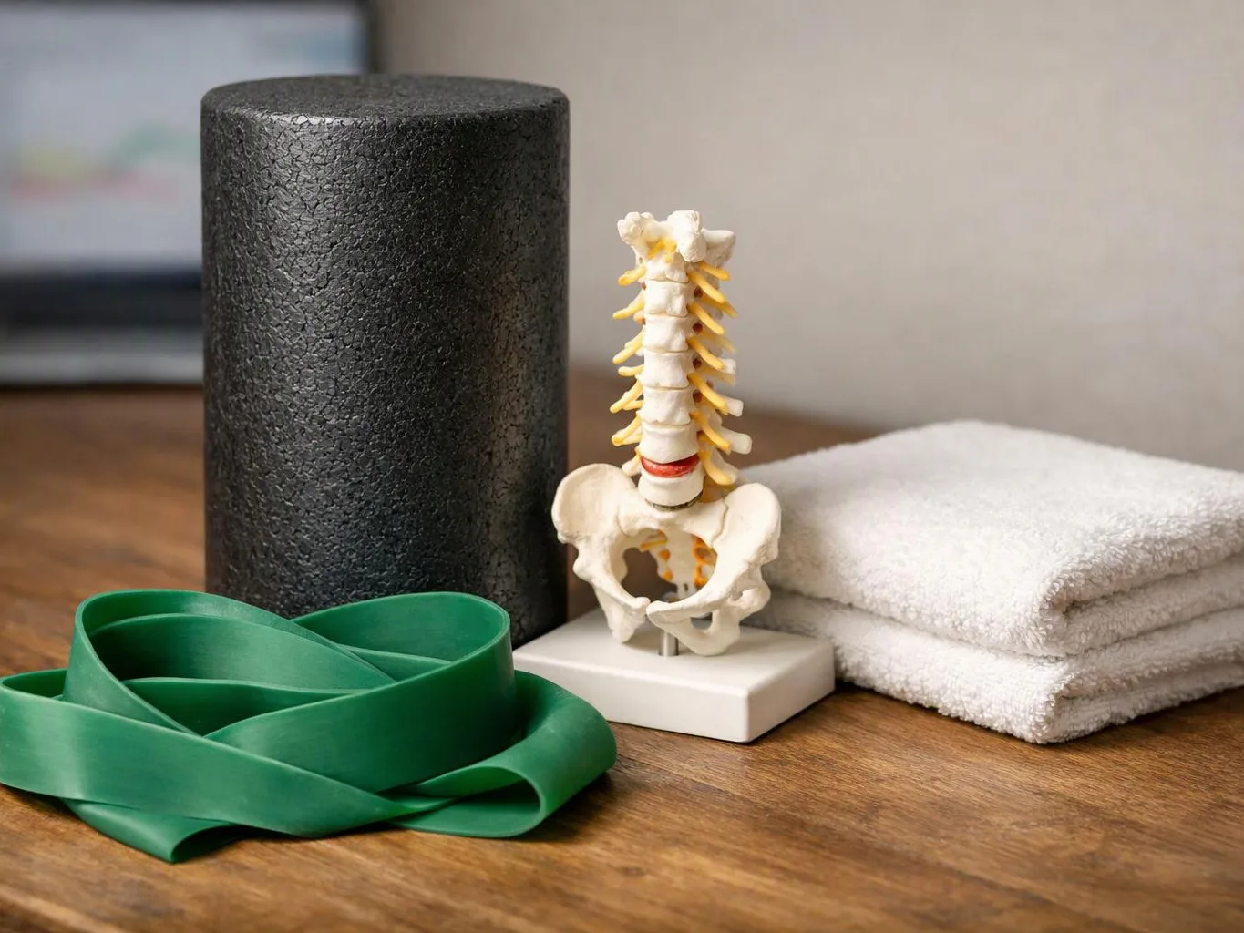 A small spine model sits beside a black foam roller, green resistance band, and folded white towels on a wooden table