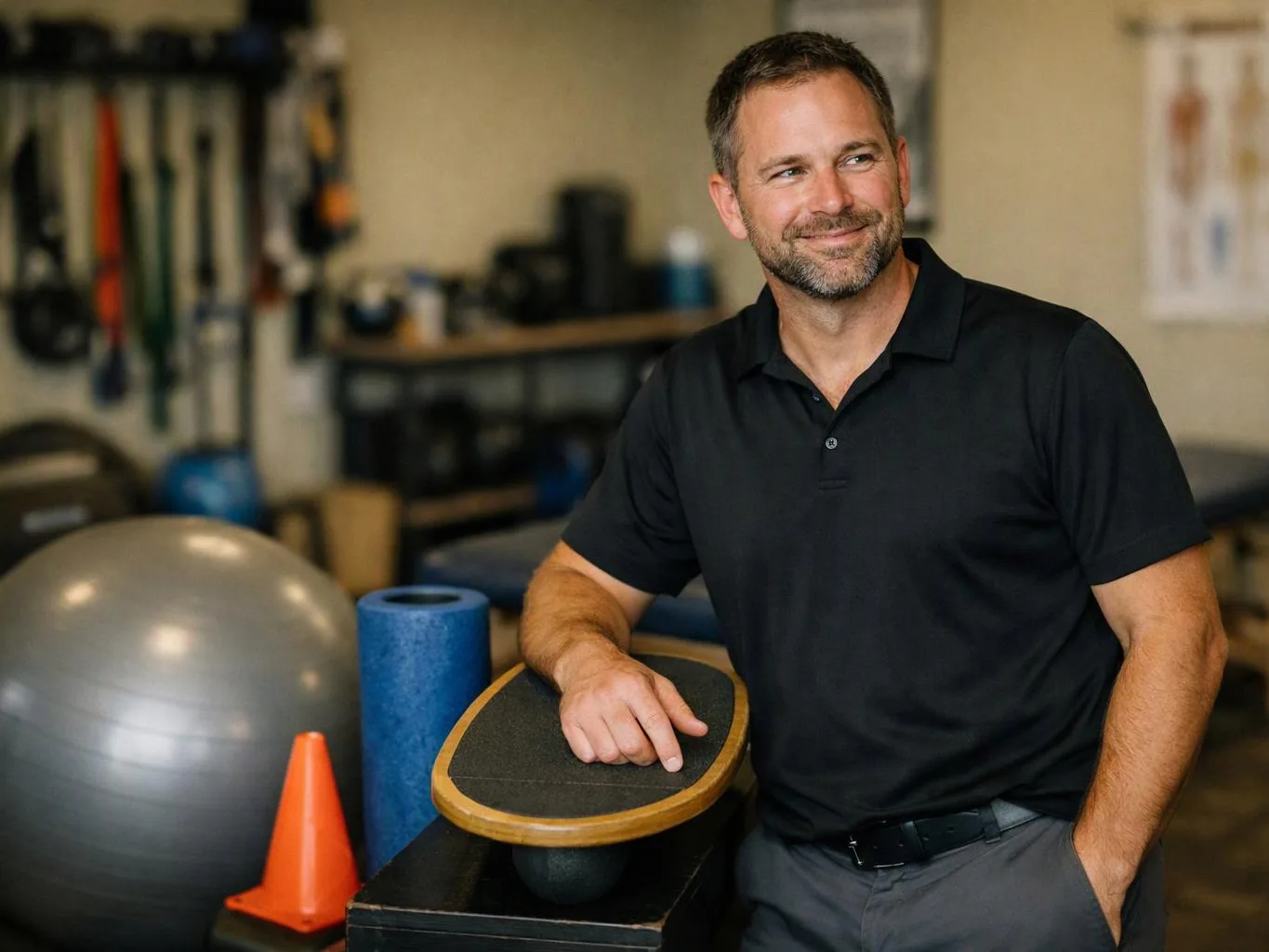 A smiling man in a black polo leans on a balance board inside a gym with exercise balls and cones