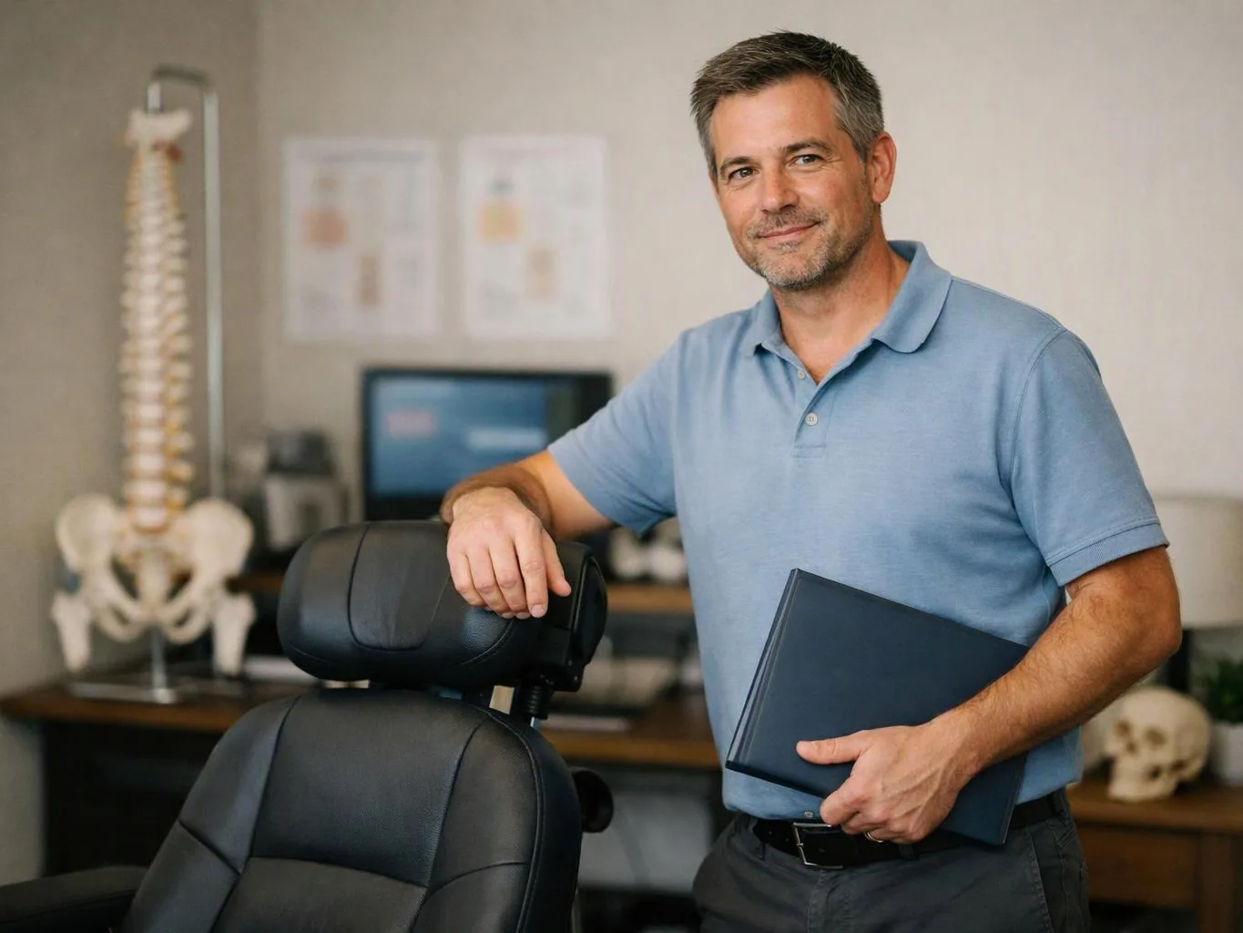 A smiling man in a blue polo leans on a black chair and holds a folder in a clinic office