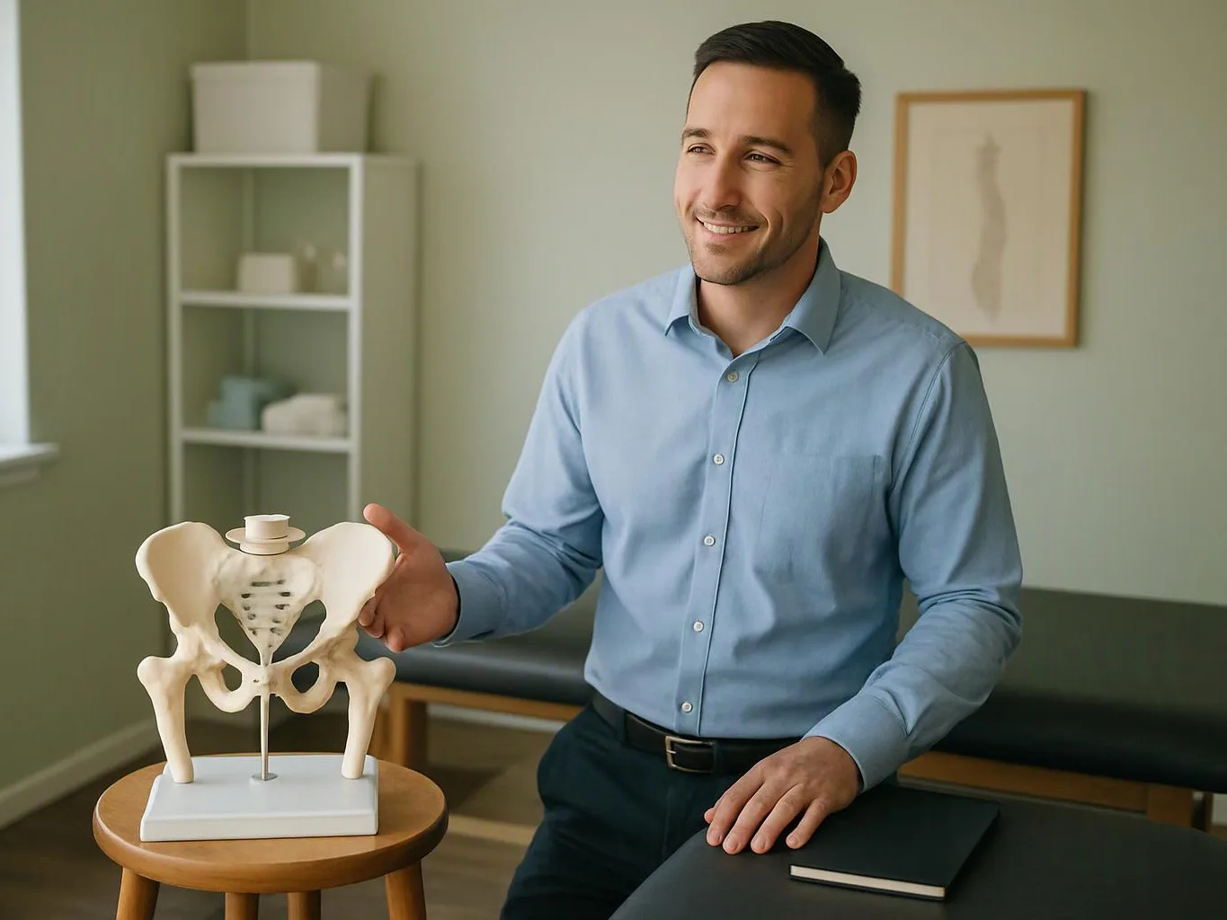 A smiling man in a blue shirt sits beside a pelvic bone model in a clinic room