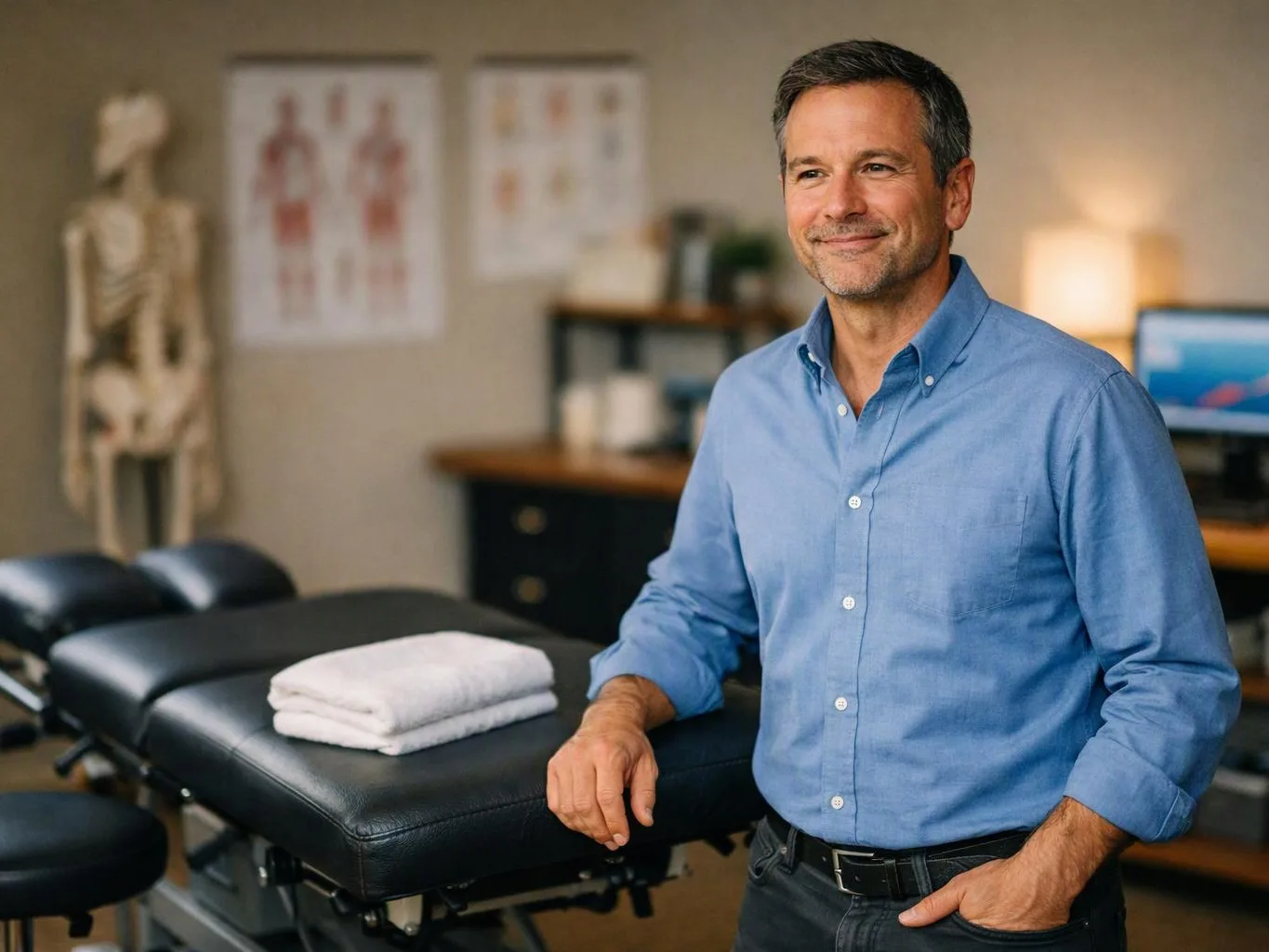 A smiling man in a blue shirt stands beside a black treatment table in a clinic room