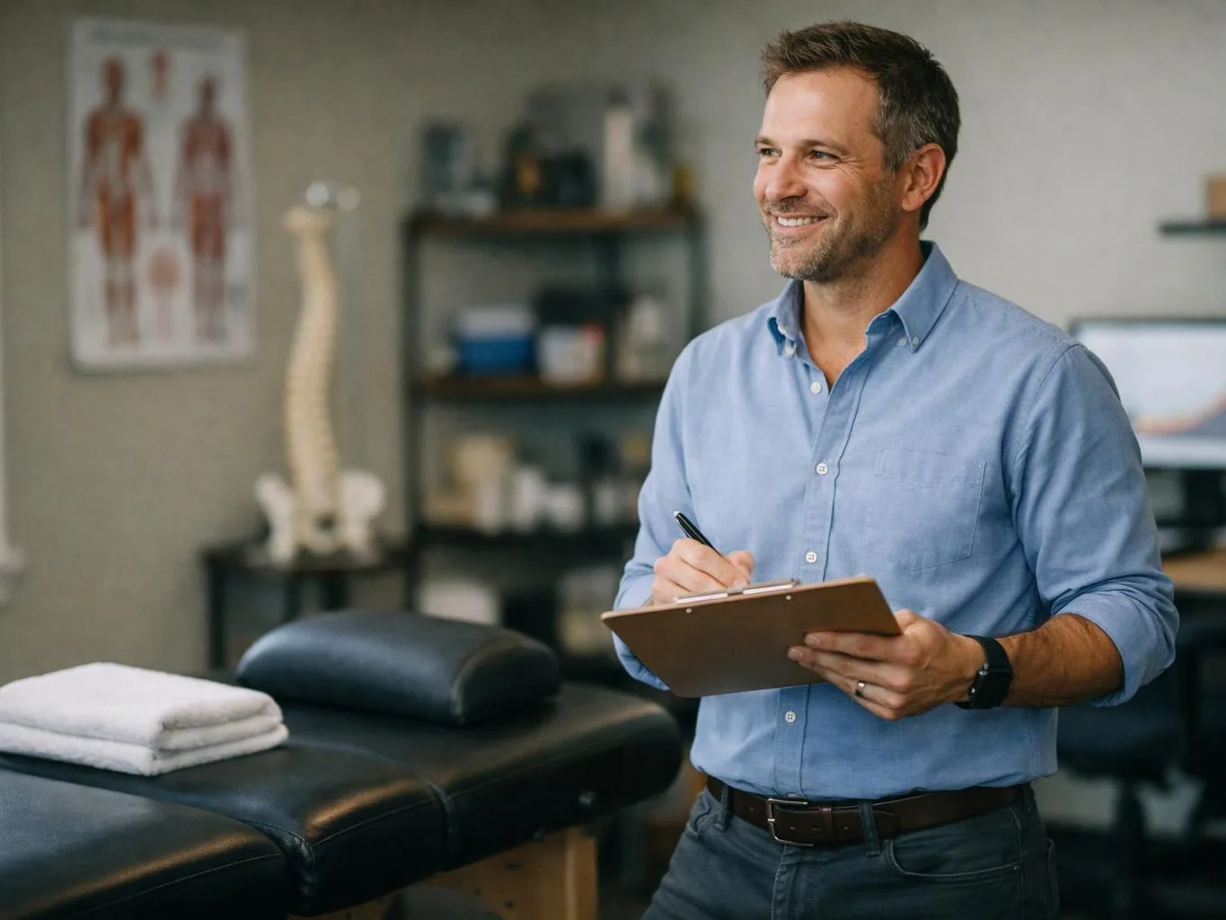 A smiling man in a blue shirt writes on a clipboard beside a massage table in a clinic room