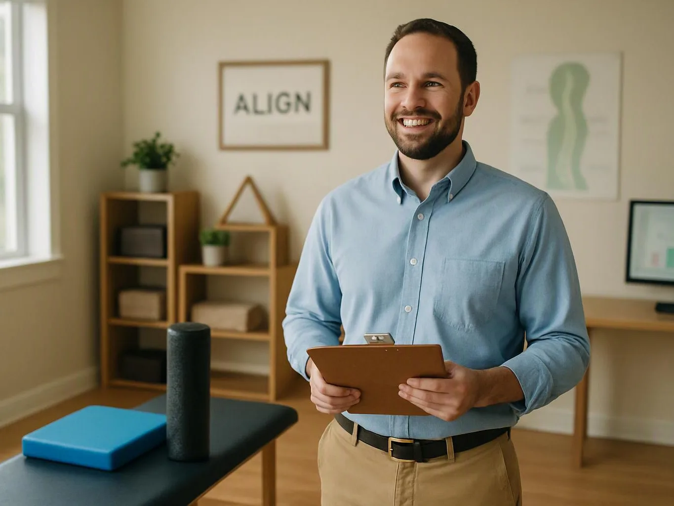 A smiling man holds a clipboard in a bright therapy room with exercise props and wall art