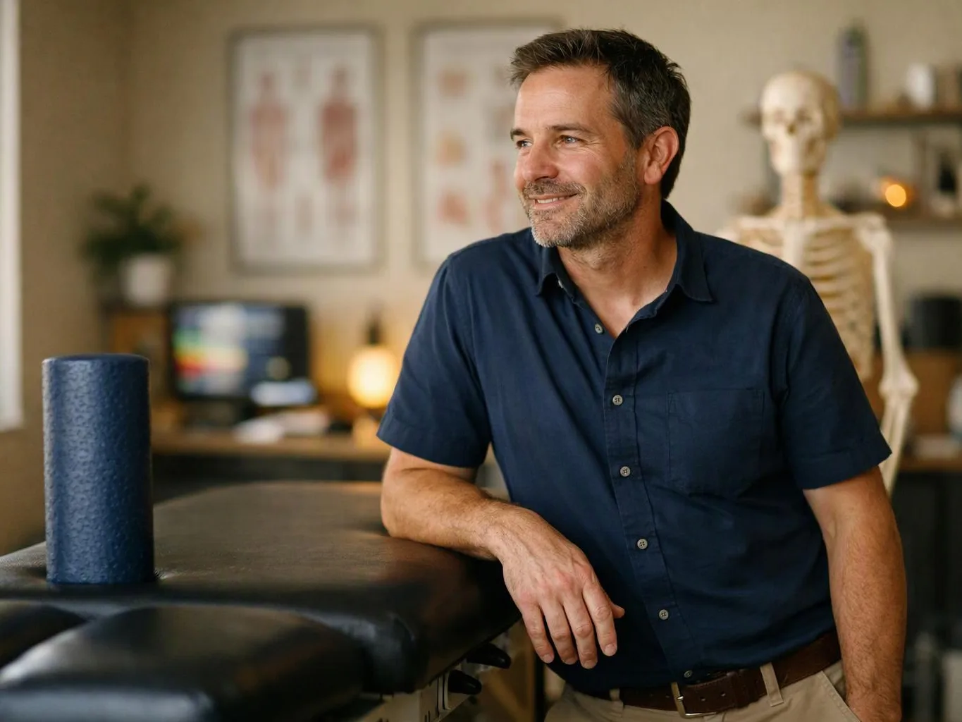 A smiling man leans on a treatment table beside a foam roller in a clinic room with a skeleton model behind him