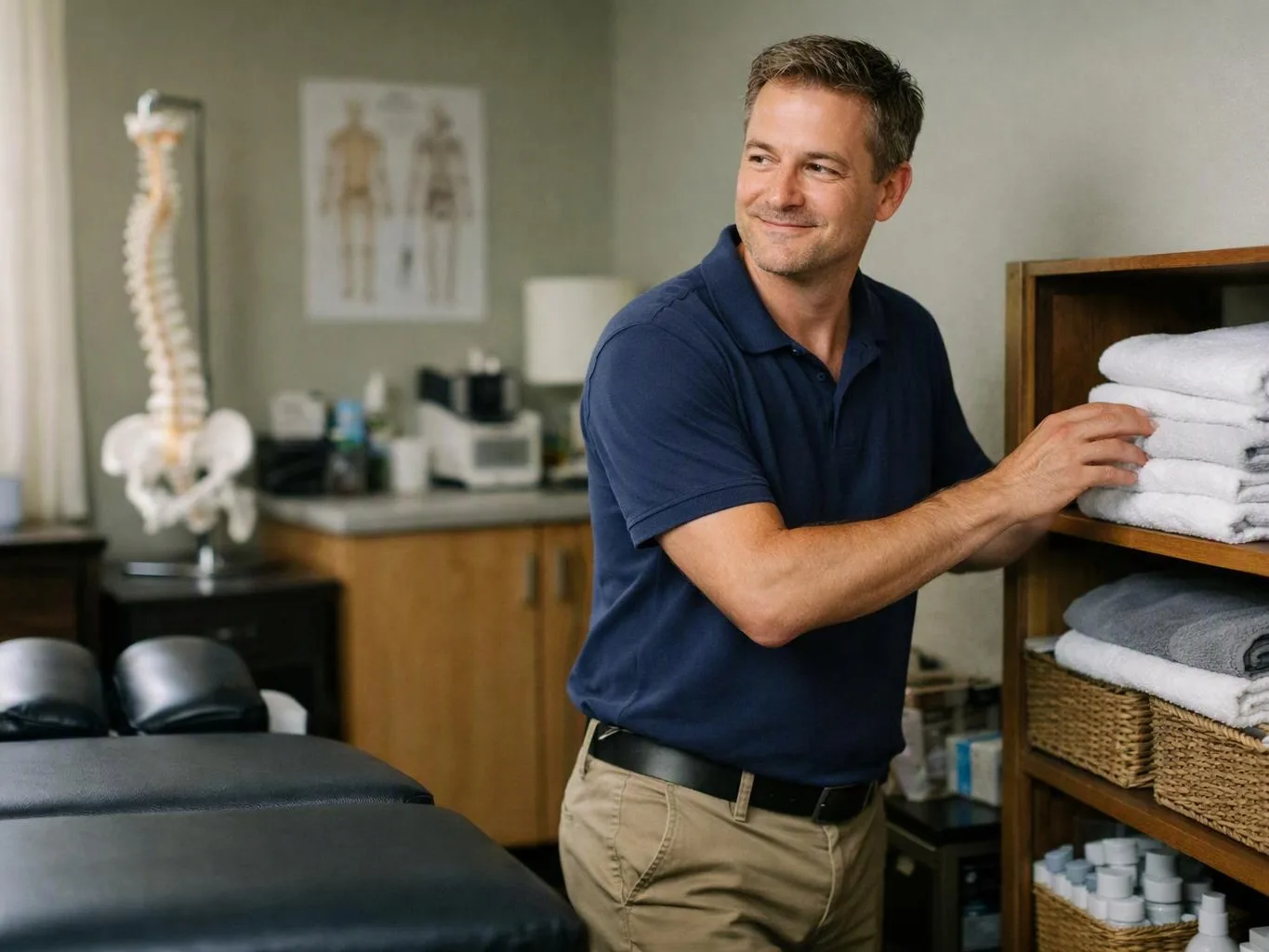 A smiling man in a navy polo folds towels beside a massage table in a clinic room