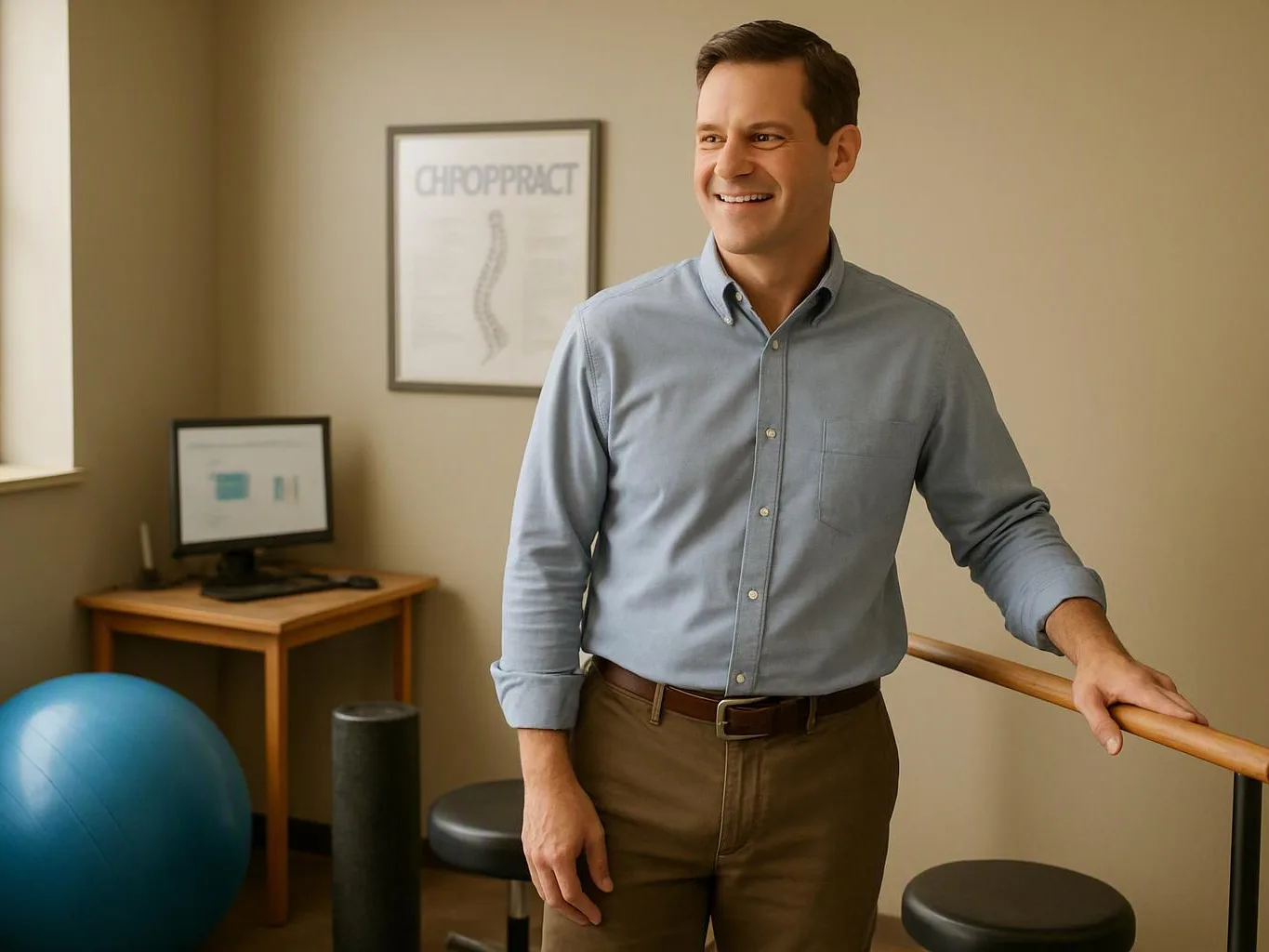 A smiling man stands by a barre in a chiropractic office with a computer, exercise ball, and framed spine poster