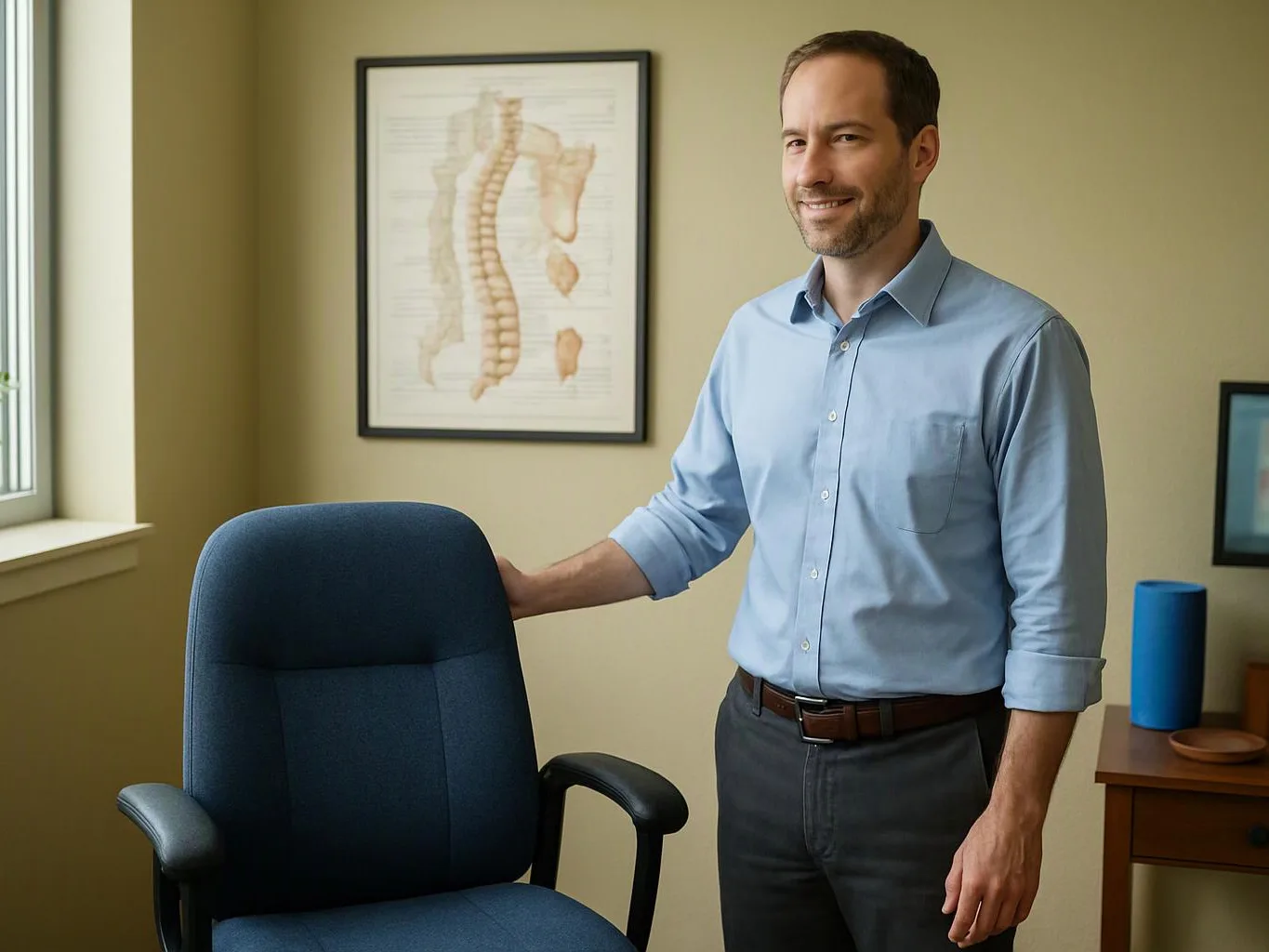 A smiling man stands beside a blue office chair in a quiet room with framed wall art and a window