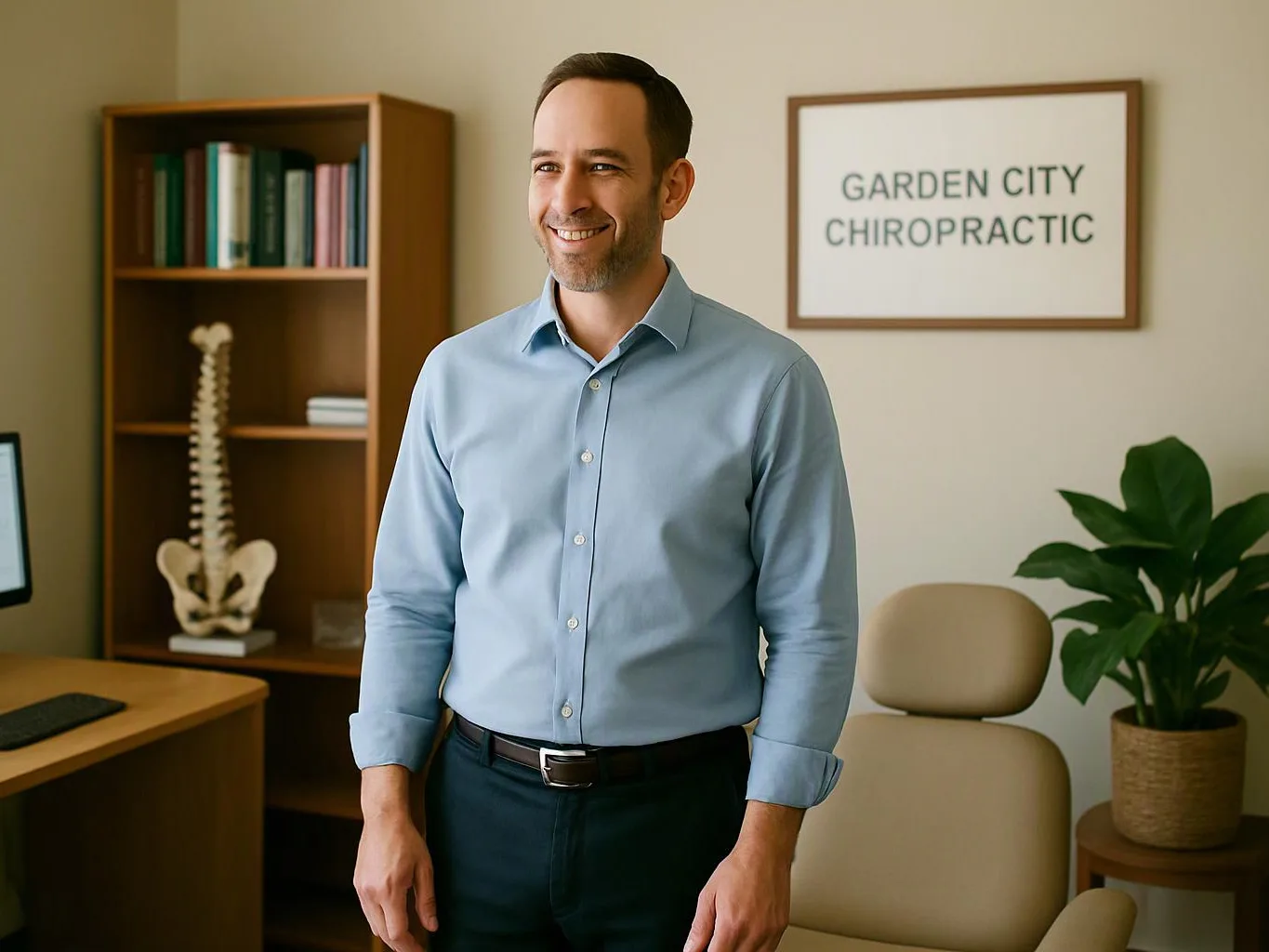 A smiling man stands in a chiropractor office beside a desk, bookshelf, spine model, chair, and potted plant
