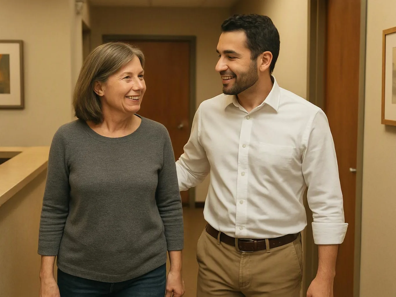 A smiling man in a white shirt stands beside an older woman in a hallway, with framed art on the walls