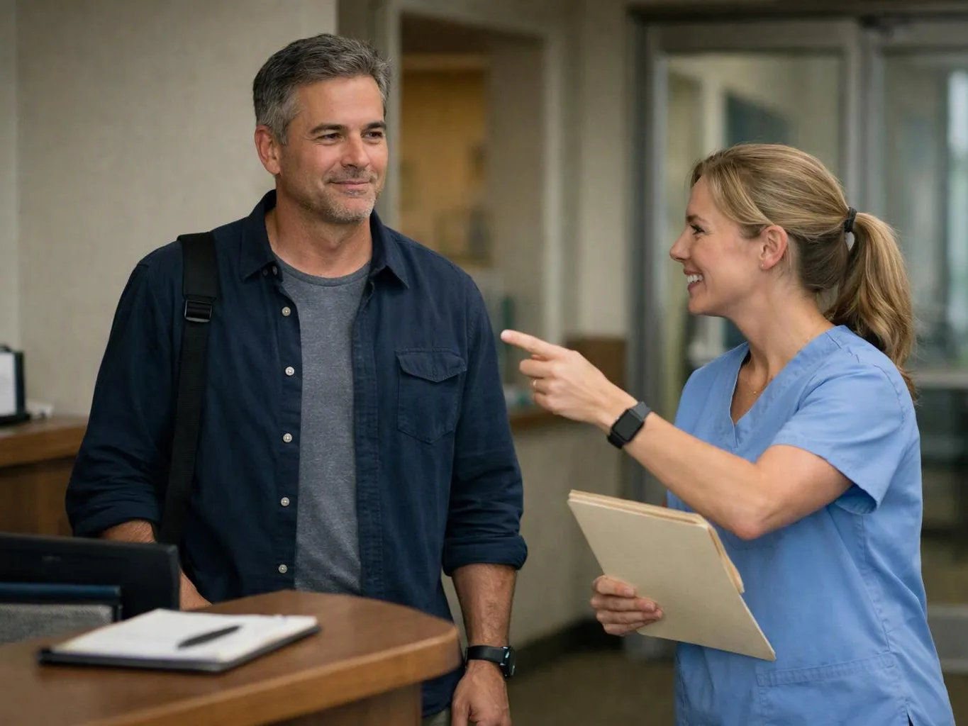 A smiling nurse points at a man in the hospital hallway while holding a clipboard