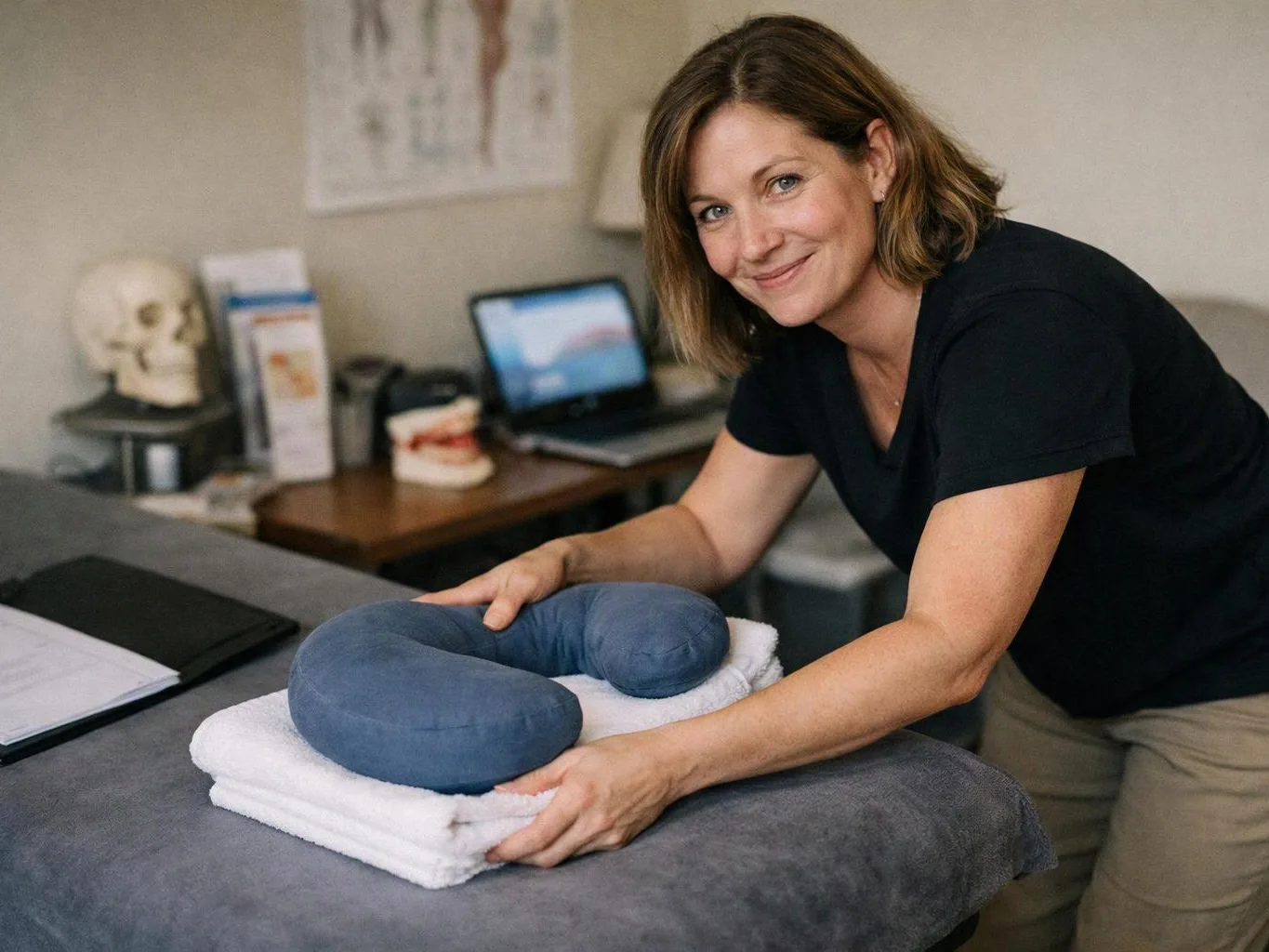 A smiling woman arranges a blue neck pillow on folded white towels in a treatment room