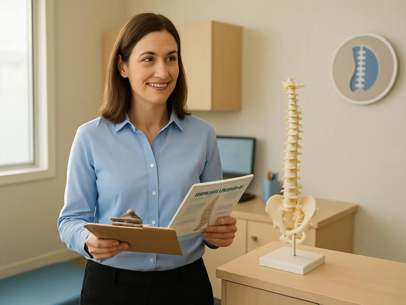 A smiling woman holds a clipboard and brochure beside a spine model in a clinic office