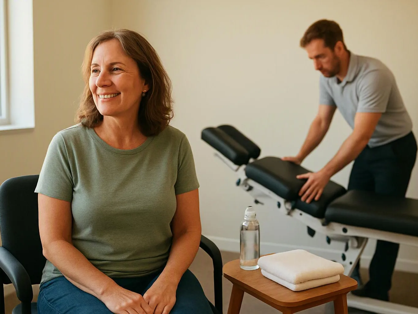 A smiling woman sits in a chair while a man adjusts a treatment table in a bright room