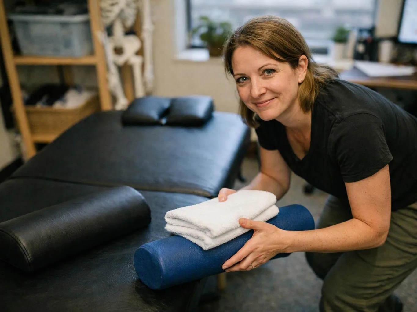 A smiling woman stacks towels on a blue bolster beside a black massage table in a clinic room