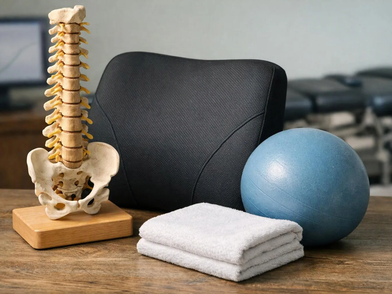 A spine model, black backrest, blue exercise ball, and folded towels sit on a wooden table in a clinic room