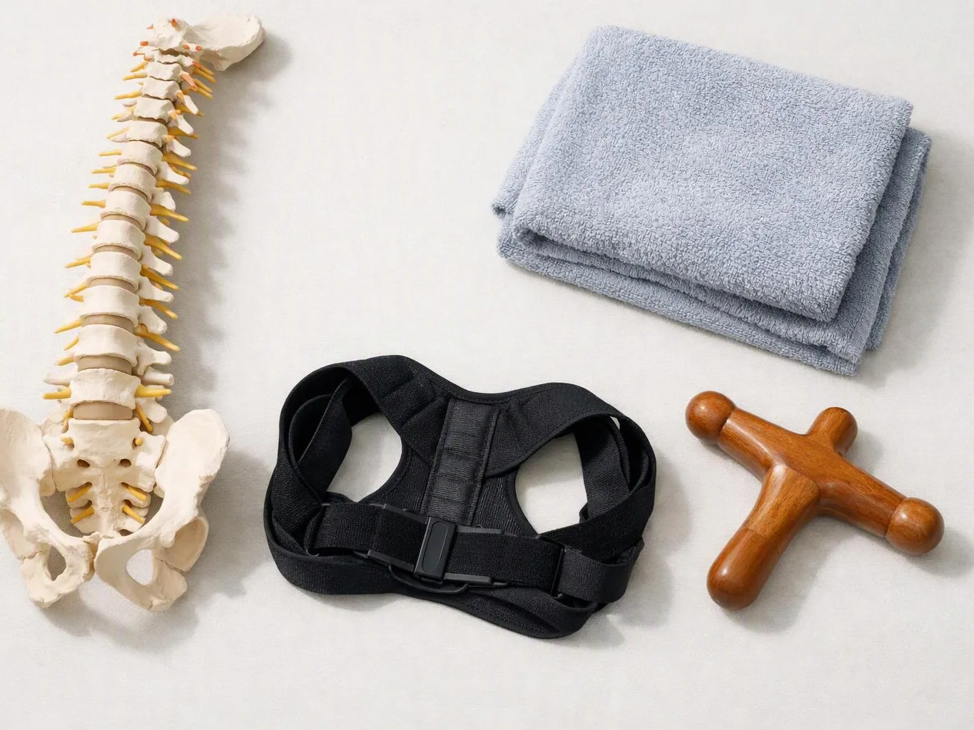 A spine model, folded towel, black posture brace, and wooden massage tool rest on a white surface