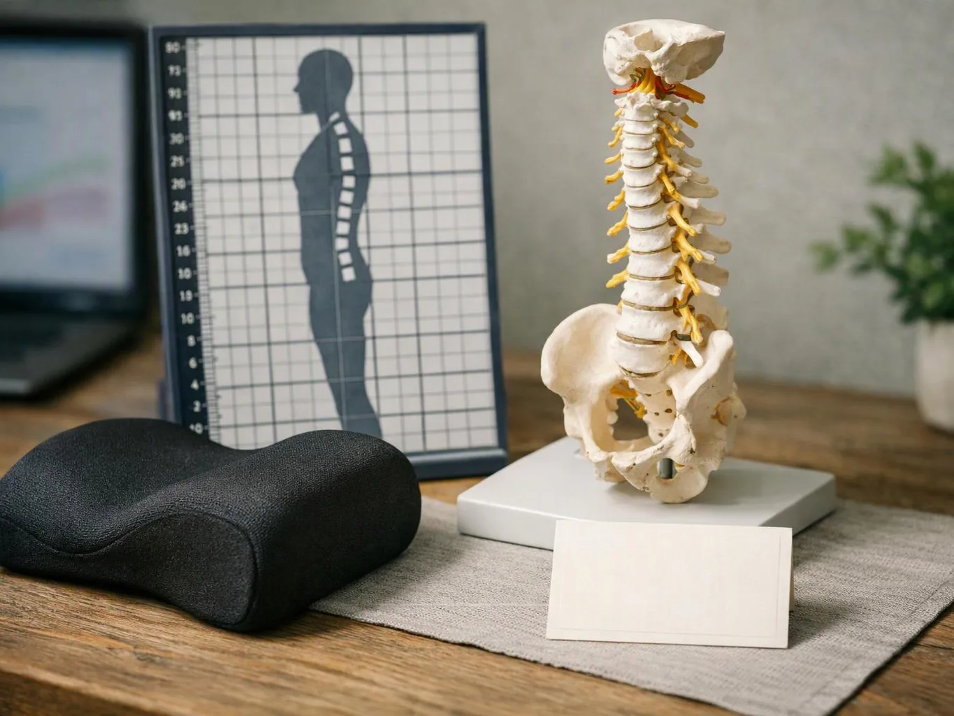 A spine model, posture chart, and black support cushion sit on a desk in a clinic-like room