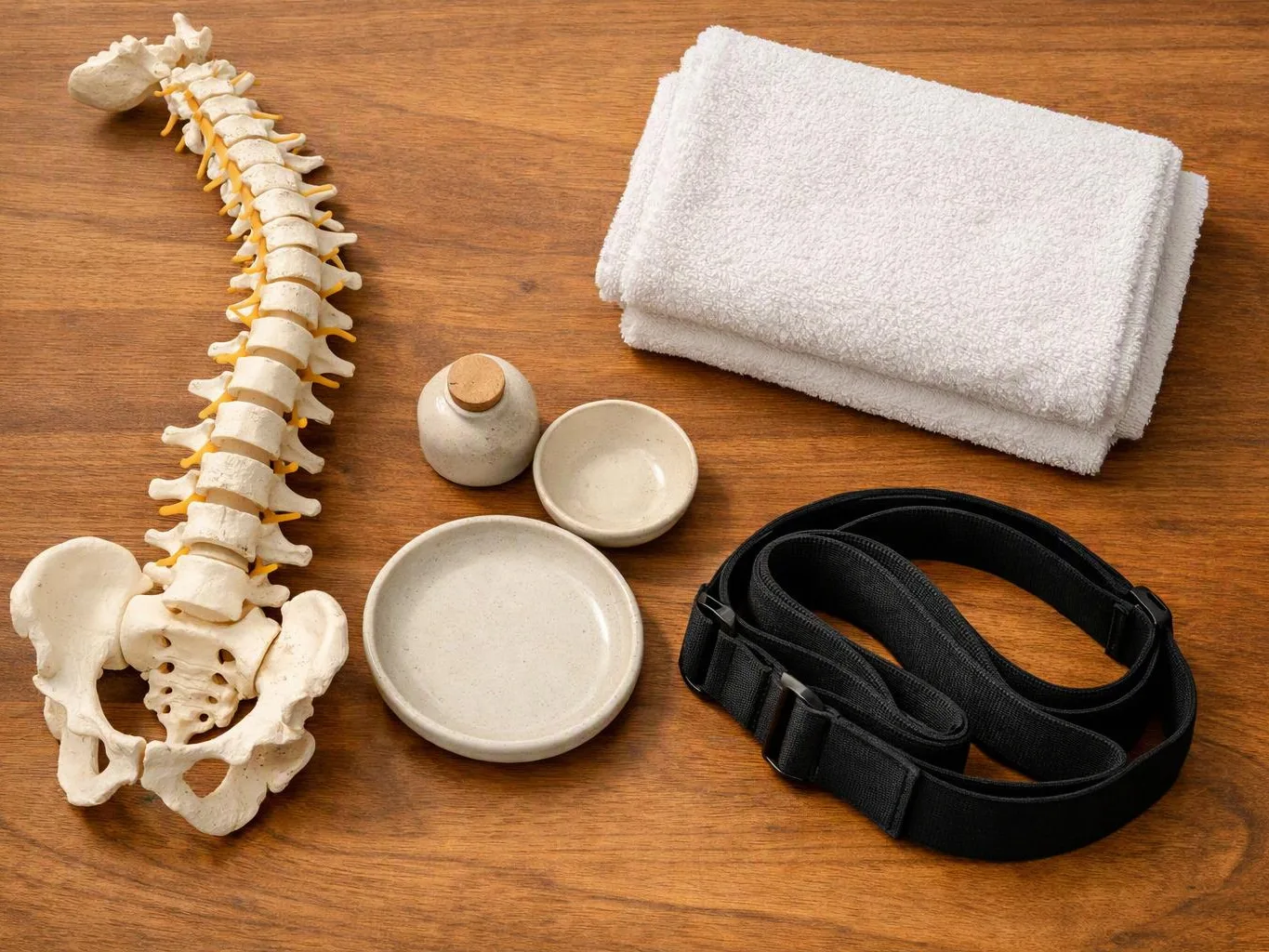 A spine model sits beside folded towels, ceramic bowls, a bottle, and a black strap on a wooden table