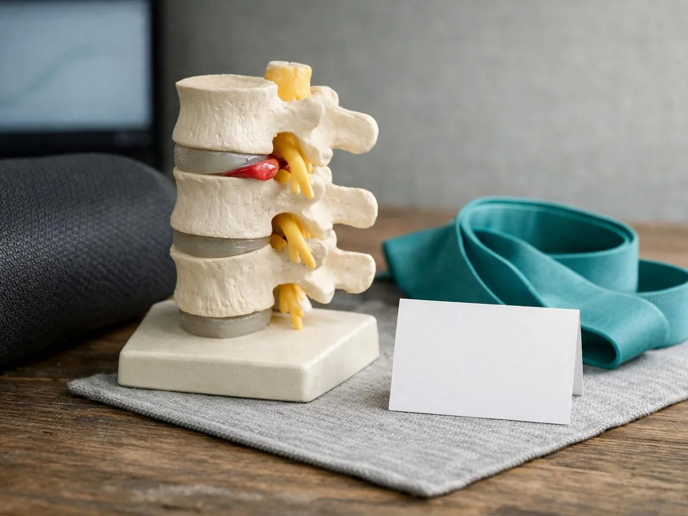 A spine model sits on a table beside a teal resistance band, a rolled black mat, and a blank card