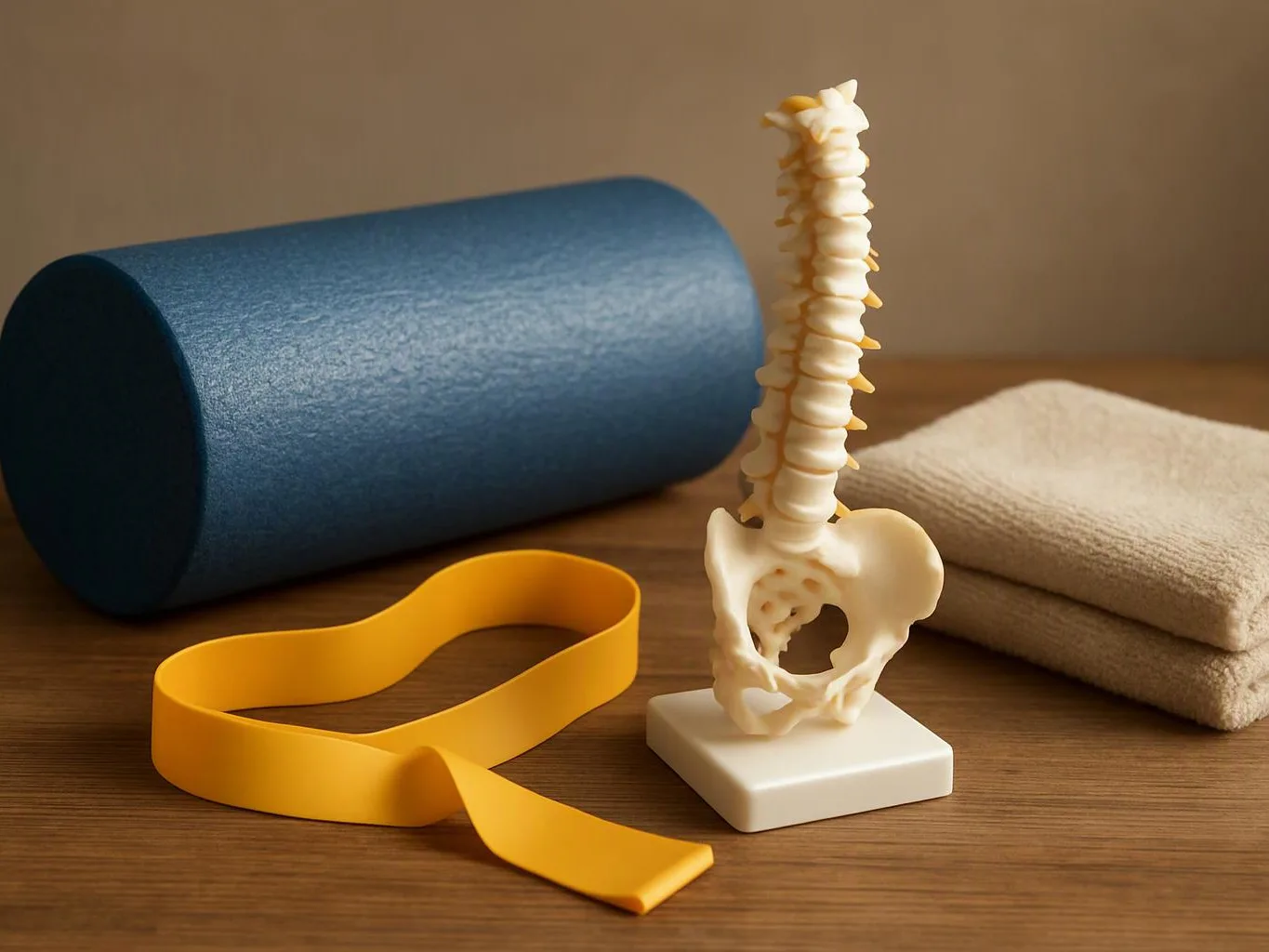 A spine model stands beside a blue foam roller, yellow resistance band, and folded towel on a wooden surface