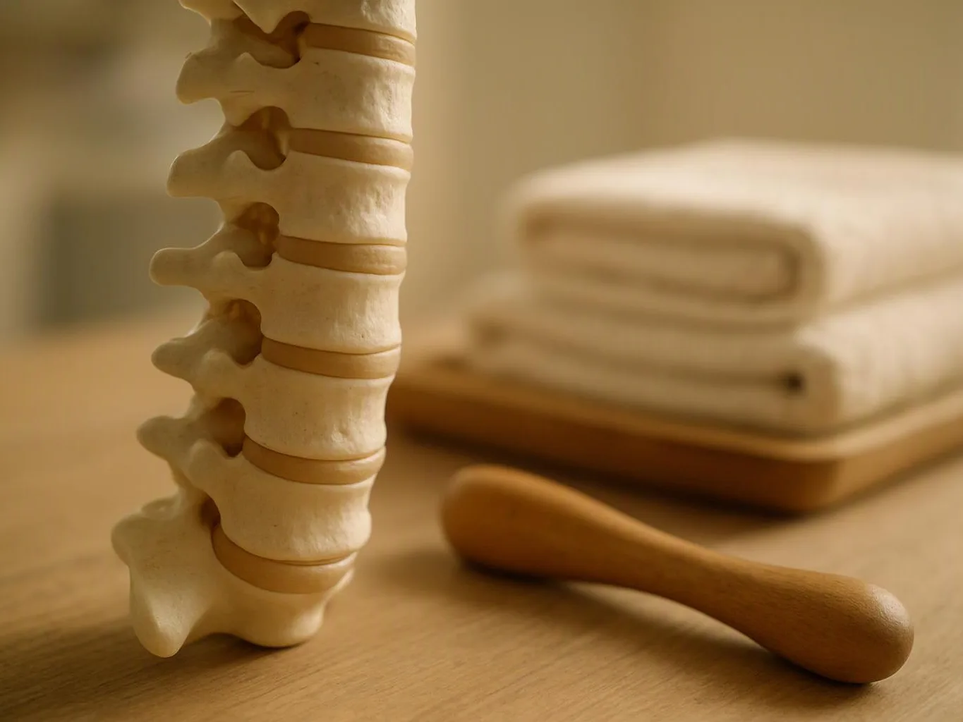 A spine model stands beside folded towels and a wooden massage tool on a warm tabletop