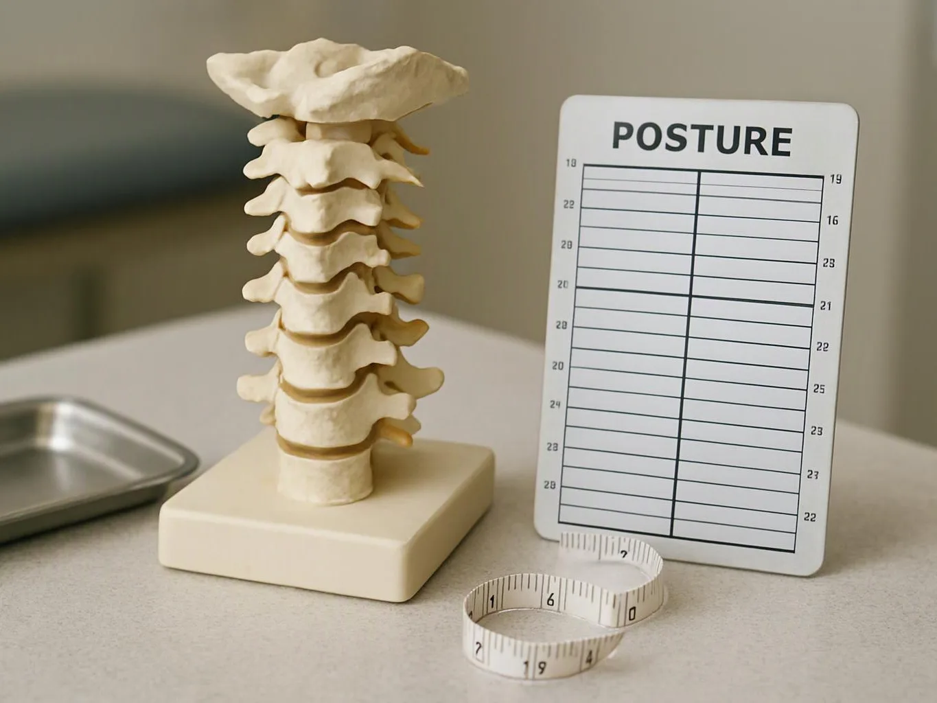 A spine model stands beside a posture chart and a measuring tape on a table