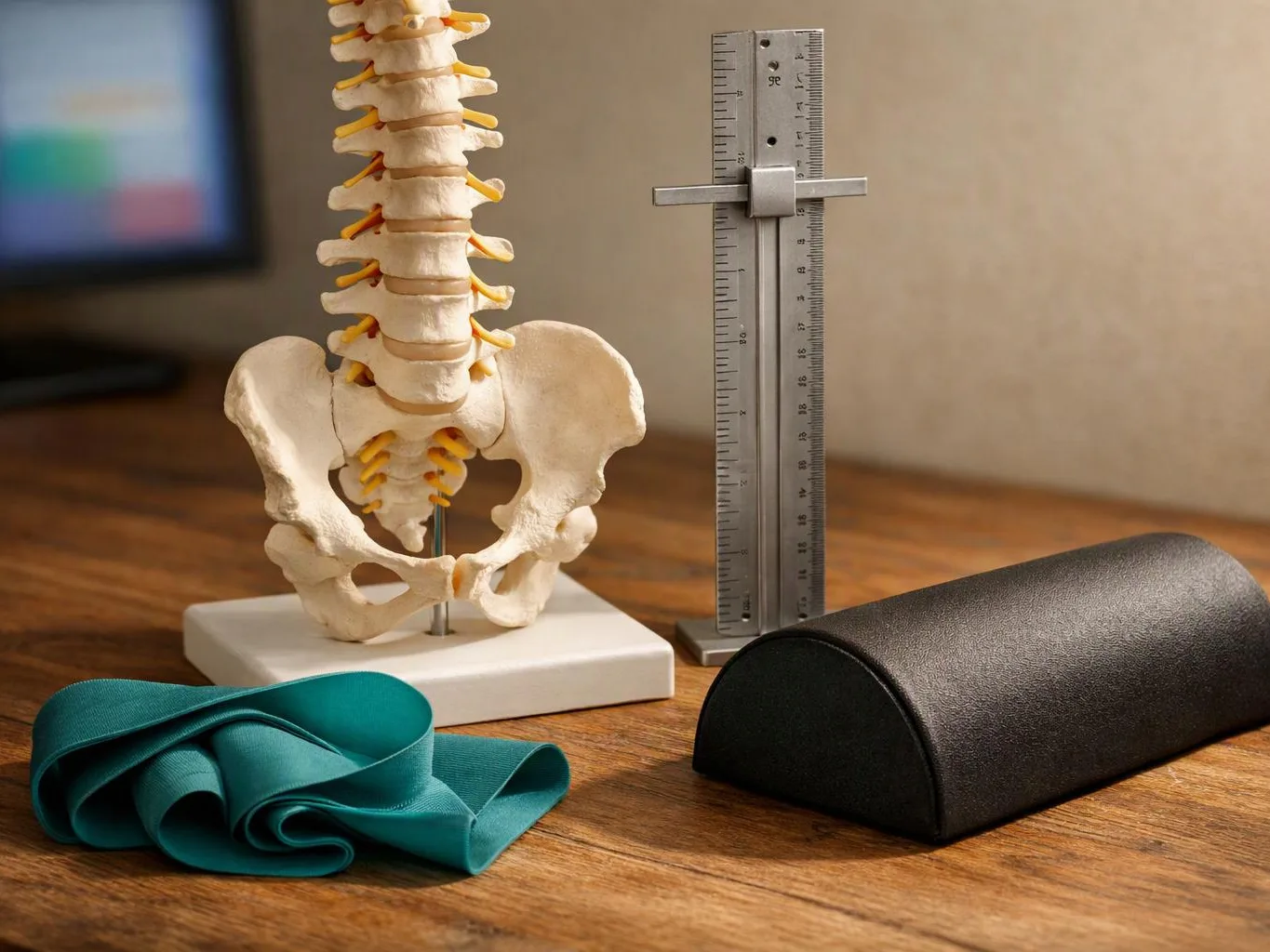 A spine model stands on a table beside a ruler, with a teal resistance band and a black foam roller nearby